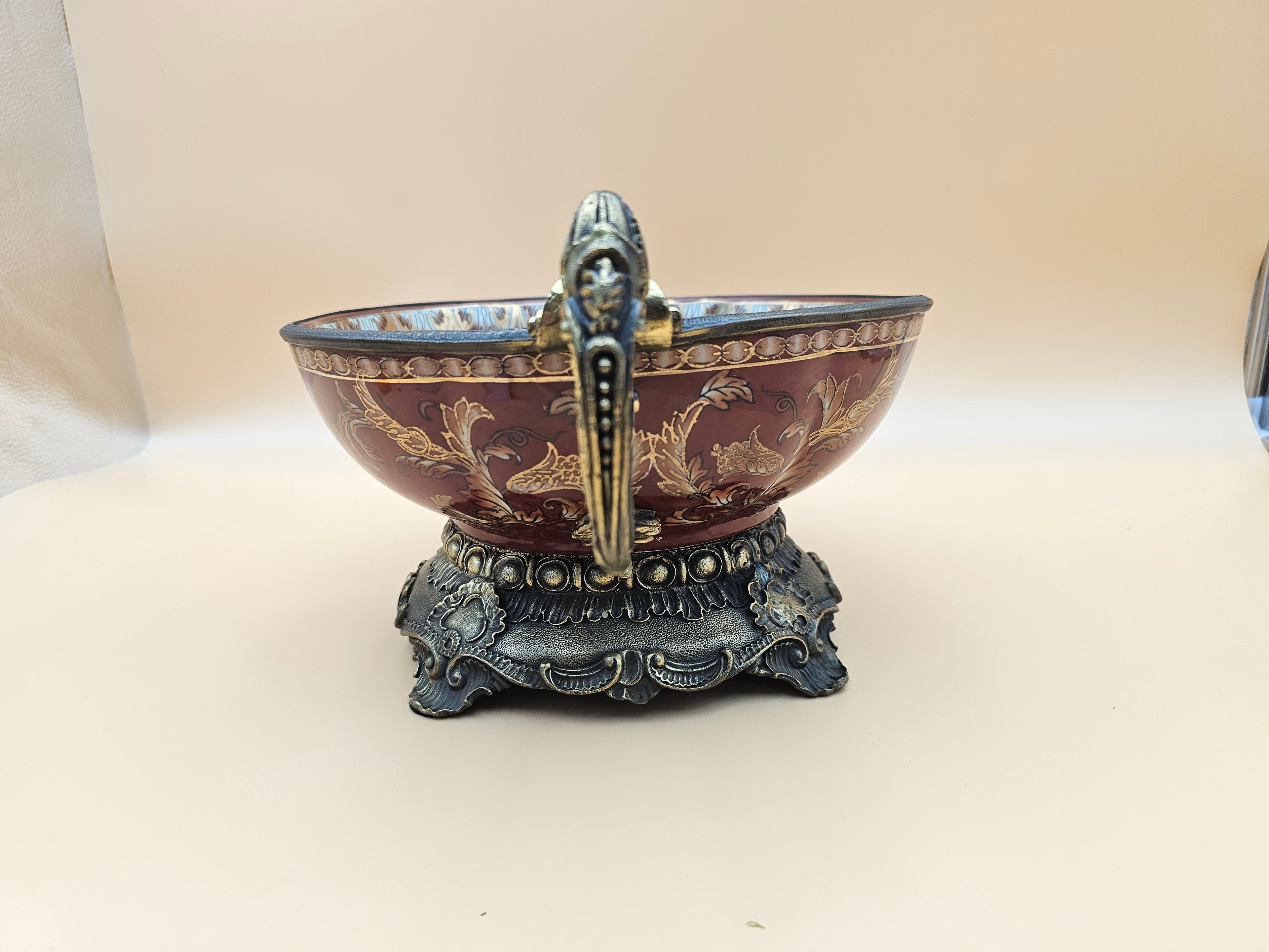 Vintage Dominic Burgundy Porcelain Centerpiece Bowl with Ornate Handles