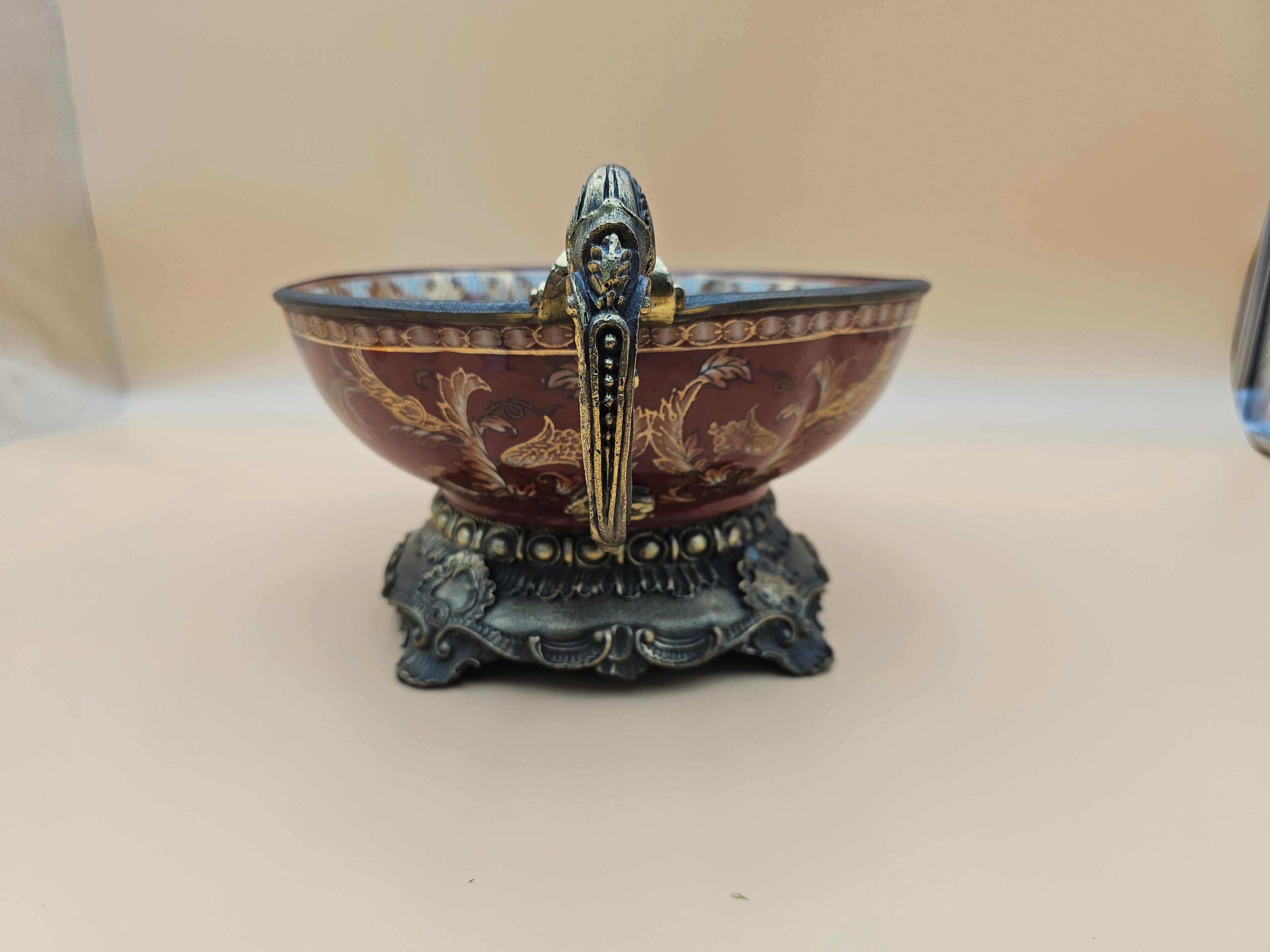 Vintage Dominic Burgundy Porcelain Centerpiece Bowl with Ornate Handles