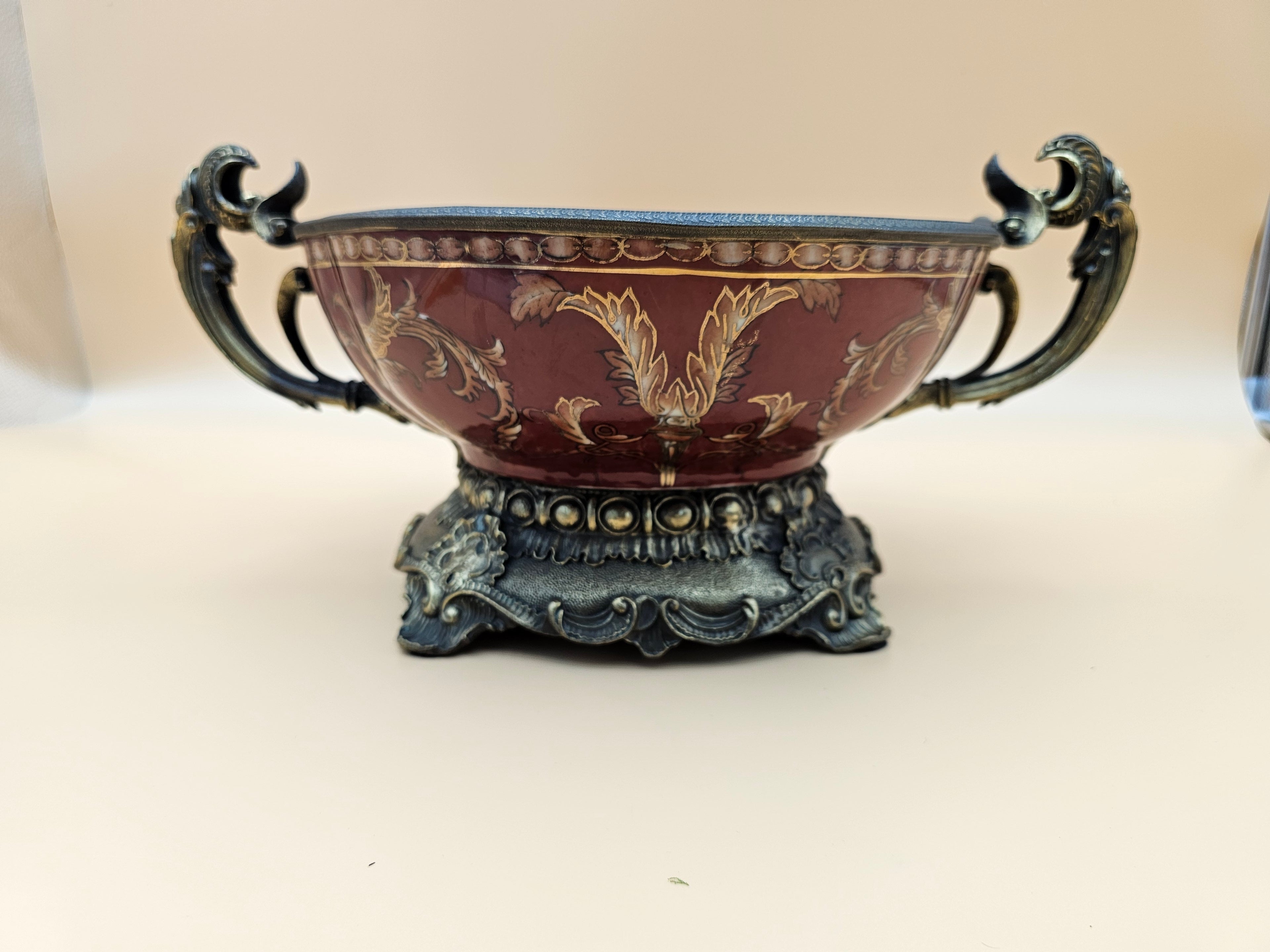 Vintage Dominic Burgundy Porcelain Centerpiece Bowl with Ornate Handles