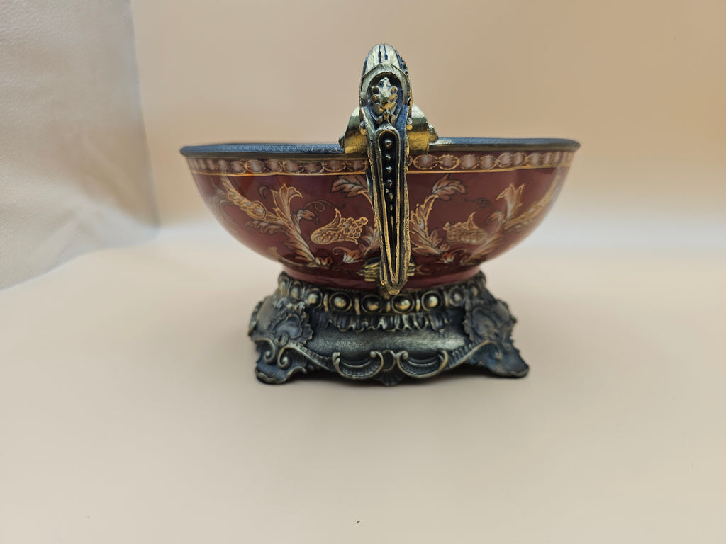 Vintage Dominic Burgundy Porcelain Centerpiece Bowl with Ornate Handles