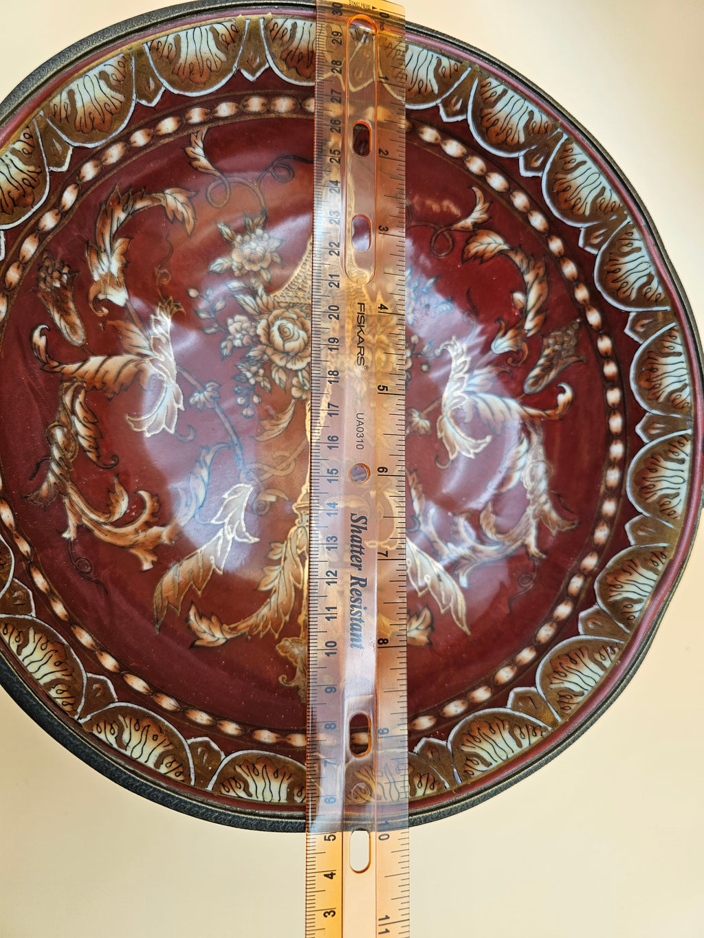 Vintage Dominic Burgundy Porcelain Centerpiece Bowl with Ornate Handles