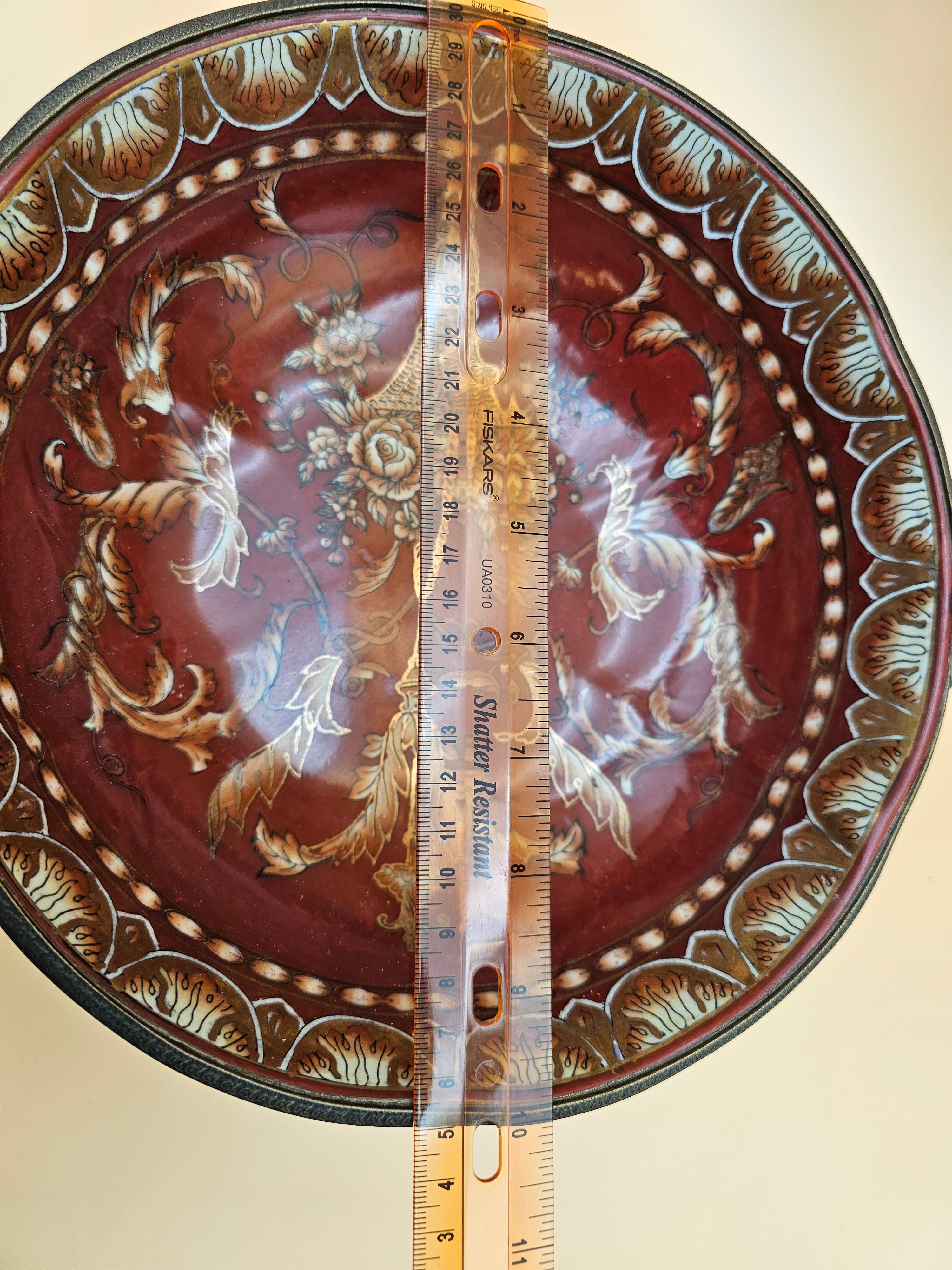 Vintage Dominic Burgundy Porcelain Centerpiece Bowl with Ornate Handles