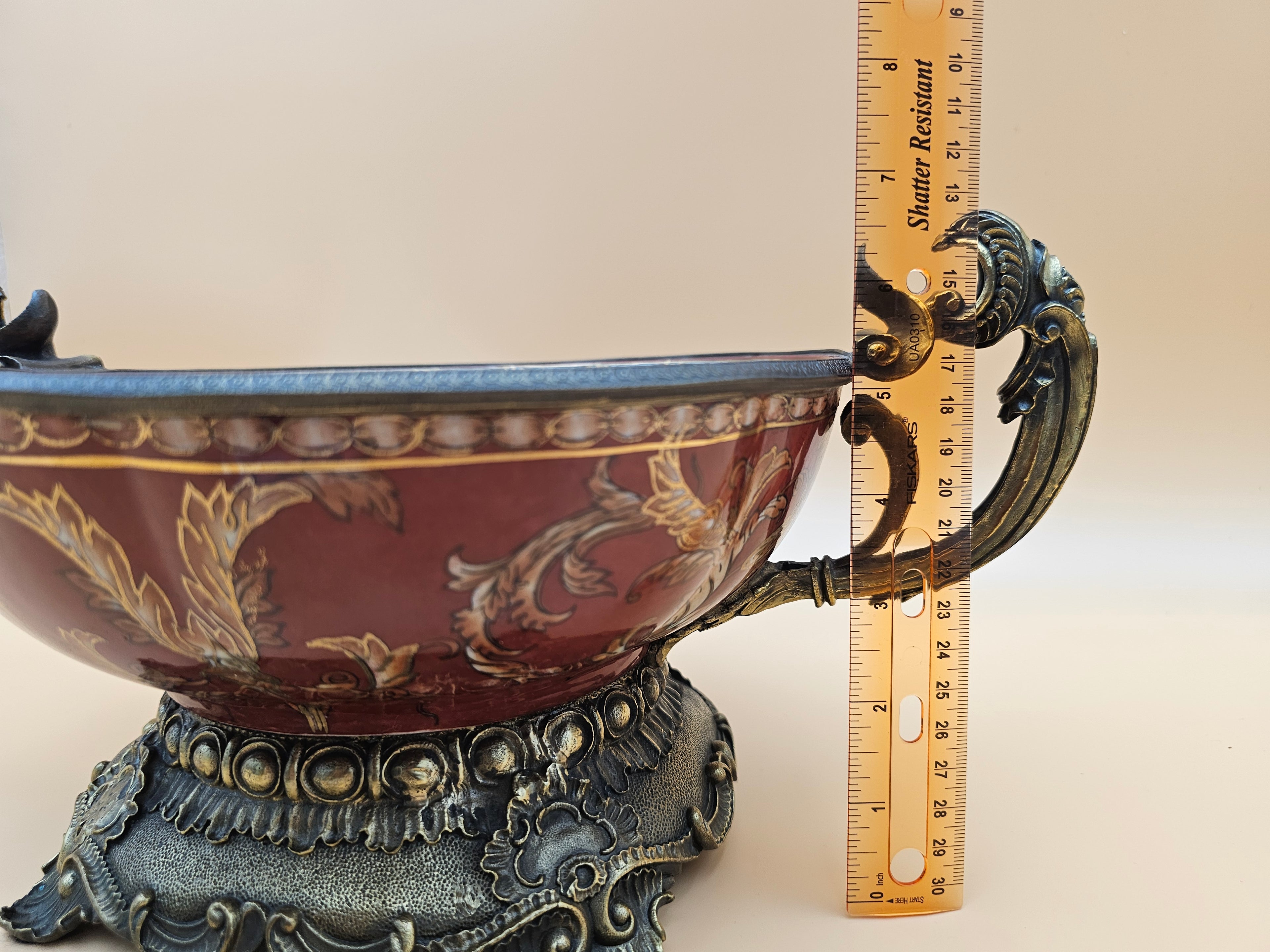 Vintage Dominic Burgundy Porcelain Centerpiece Bowl with Ornate Handles
