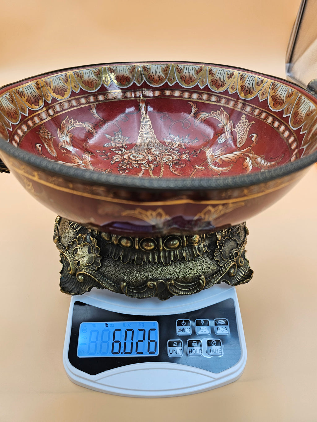 Vintage Dominic Burgundy Porcelain Centerpiece Bowl with Ornate Handles