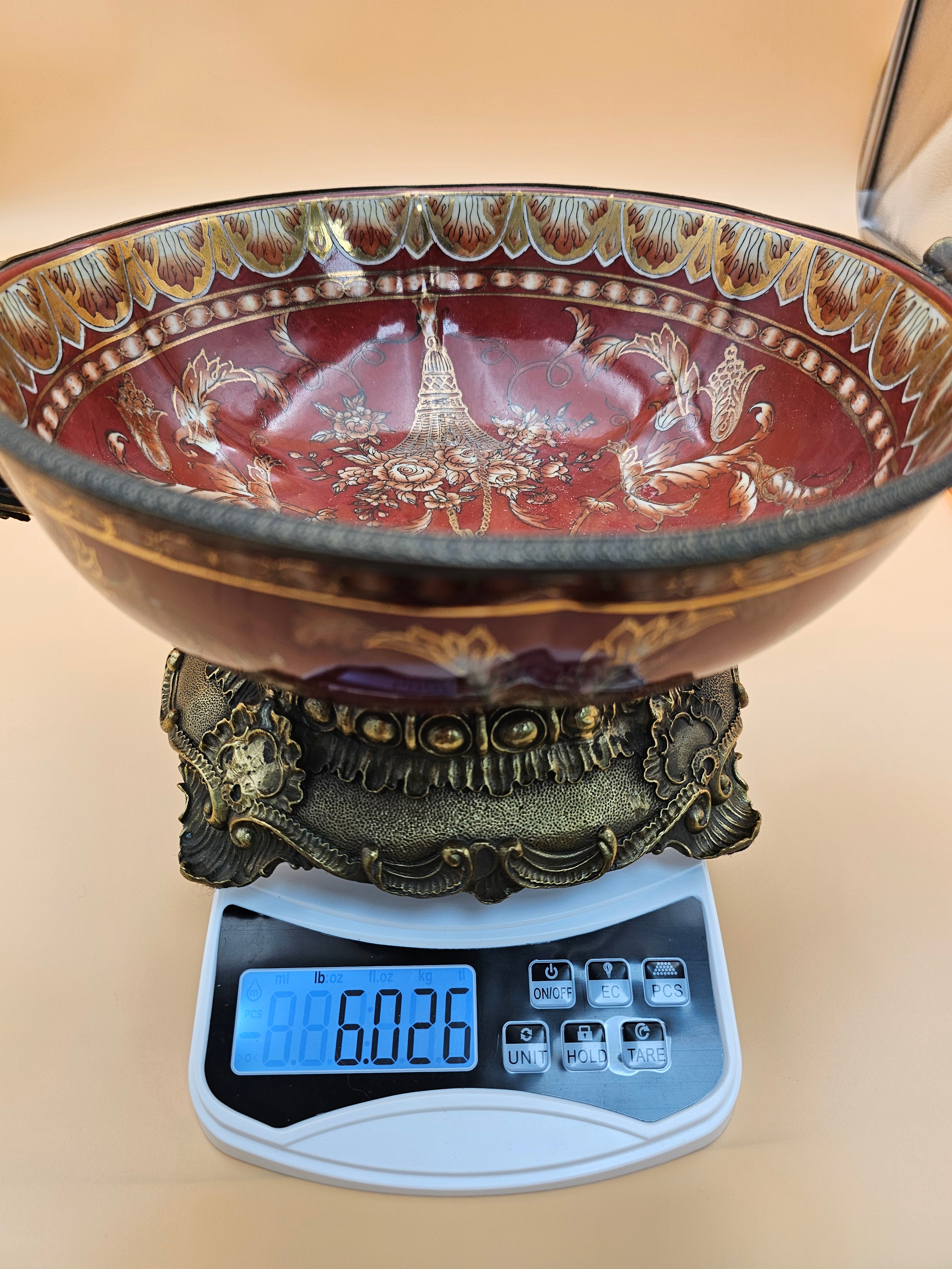 Vintage Dominic Burgundy Porcelain Centerpiece Bowl with Ornate Handles