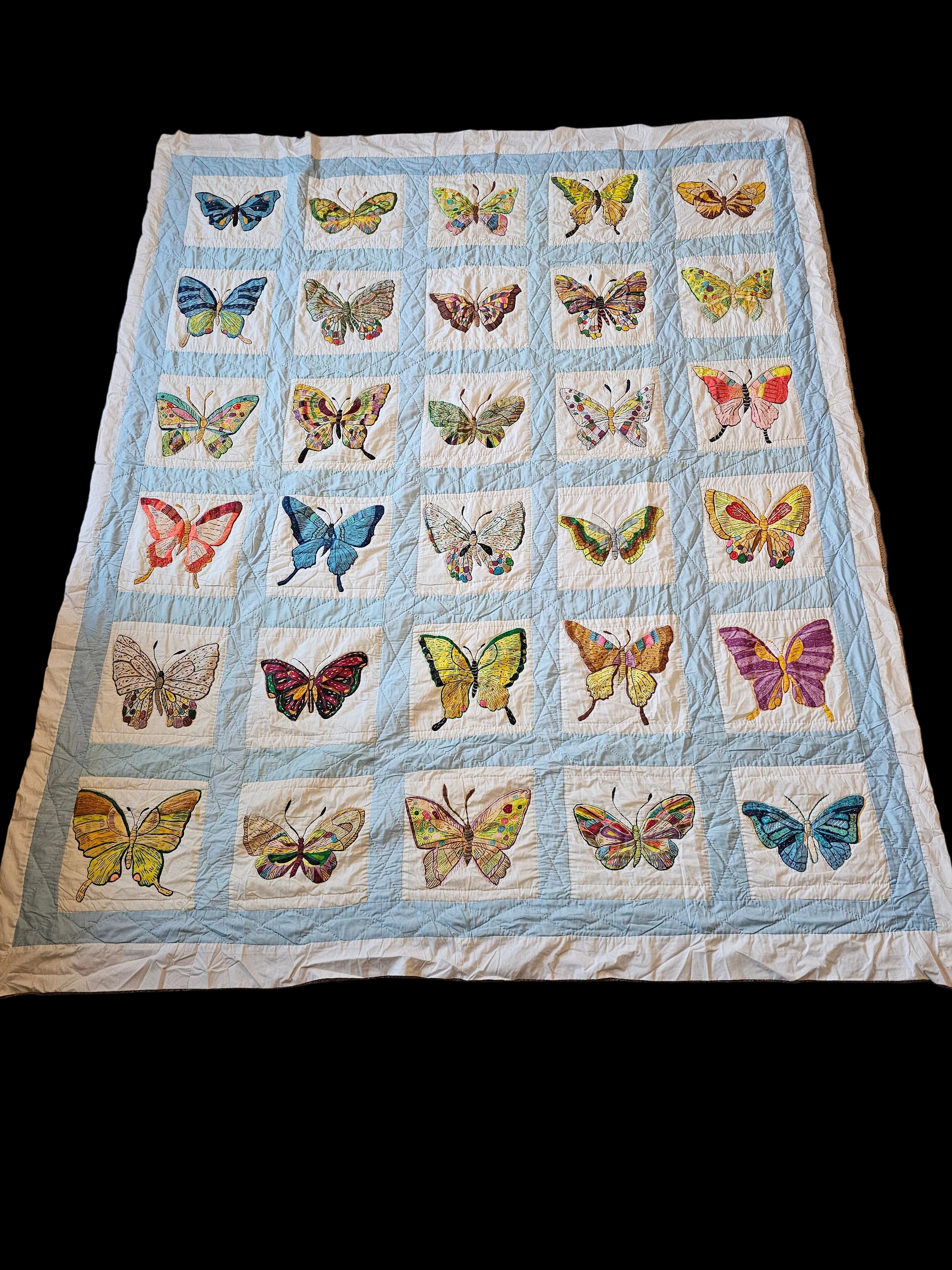 Lightweight Hand-Painted Butterfly Art Quilt 80 x 95 Multicolor Coverlet