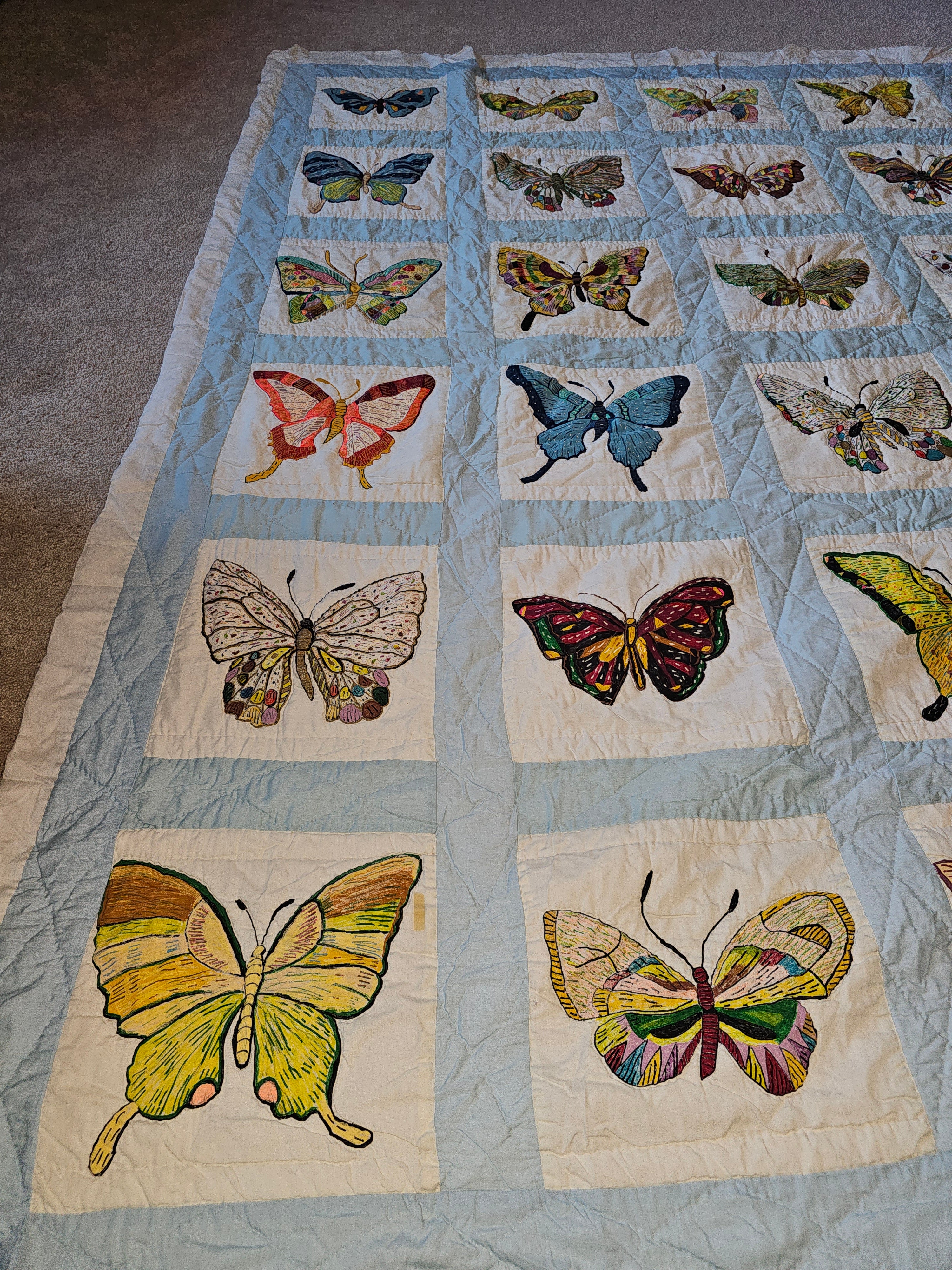 Lightweight Hand-Painted Butterfly Art Quilt 80 x 95 Multicolor Coverlet