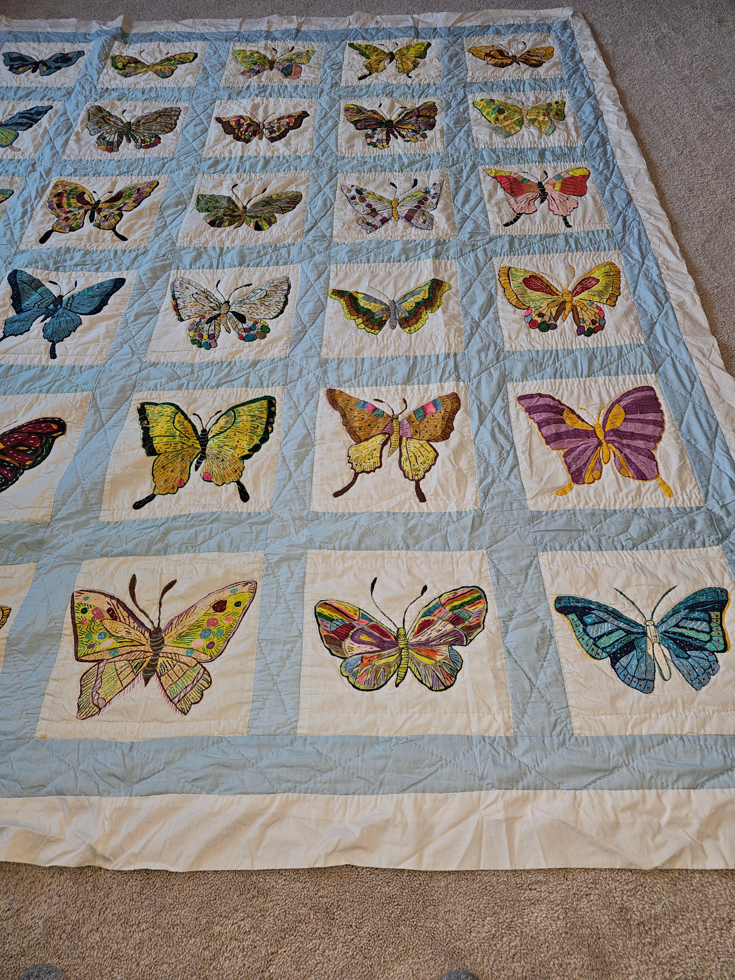 Lightweight Hand-Painted Butterfly Art Quilt 80 x 95 Multicolor Coverlet