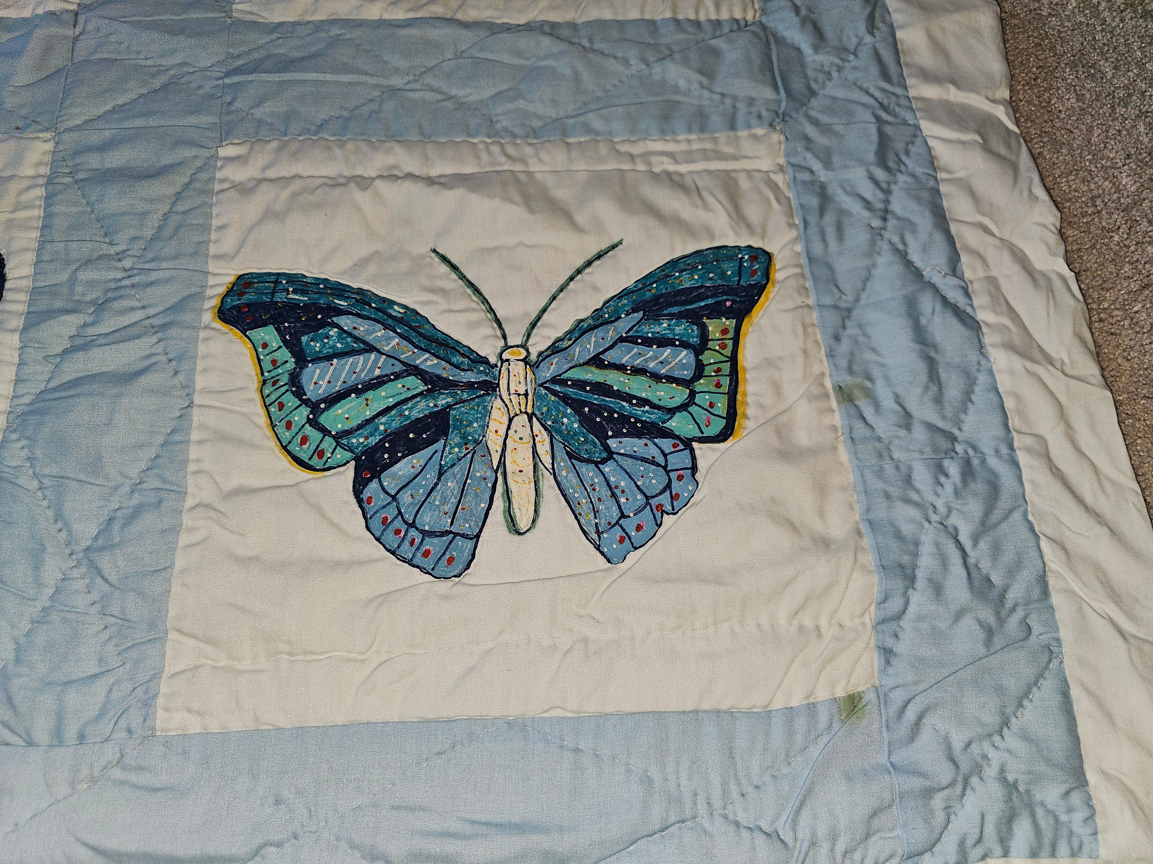 Lightweight Hand-Painted Butterfly Art Quilt 80 x 95 Multicolor Coverlet