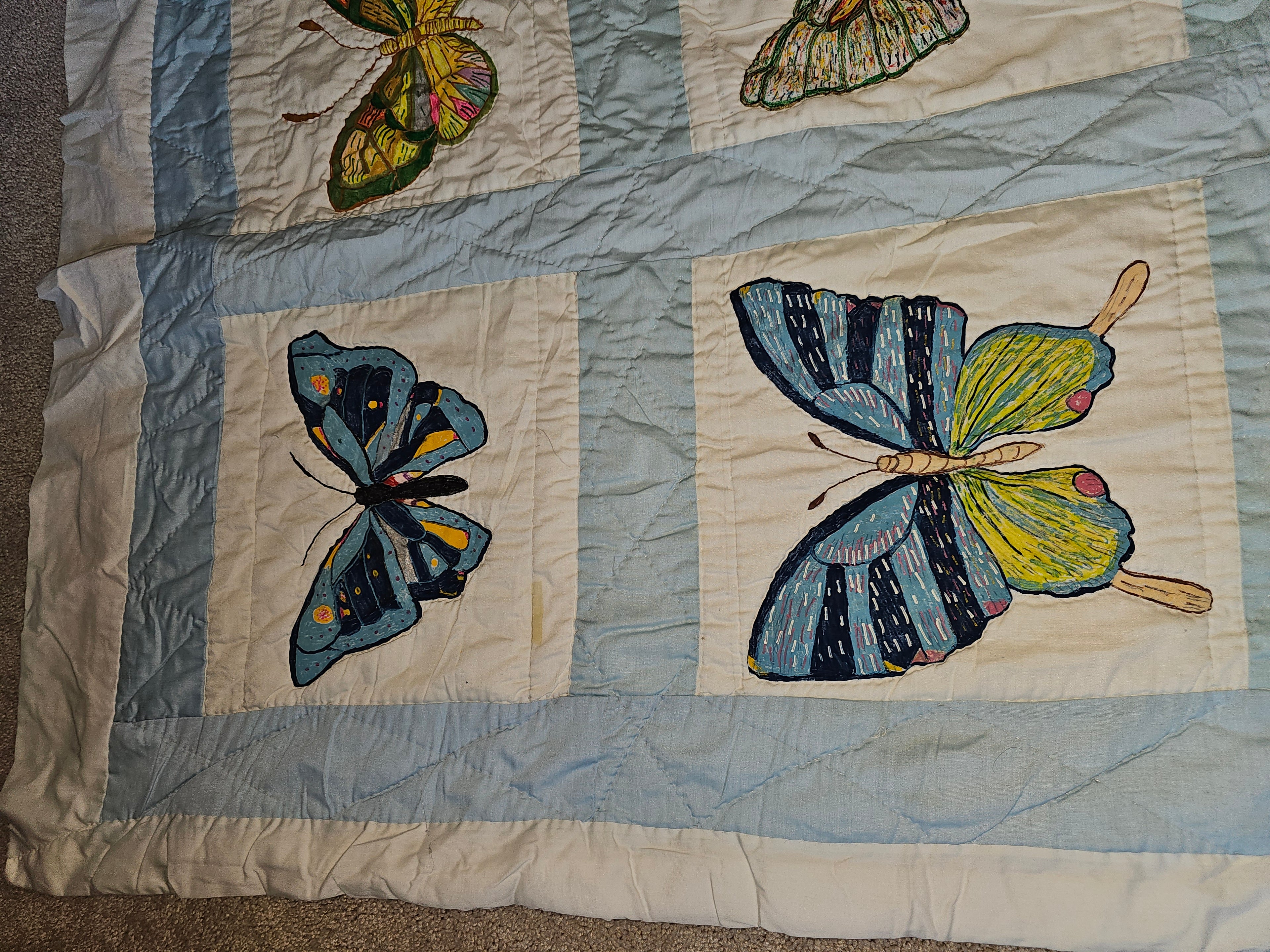 Lightweight Hand-Painted Butterfly Art Quilt 80 x 95 Multicolor Coverlet