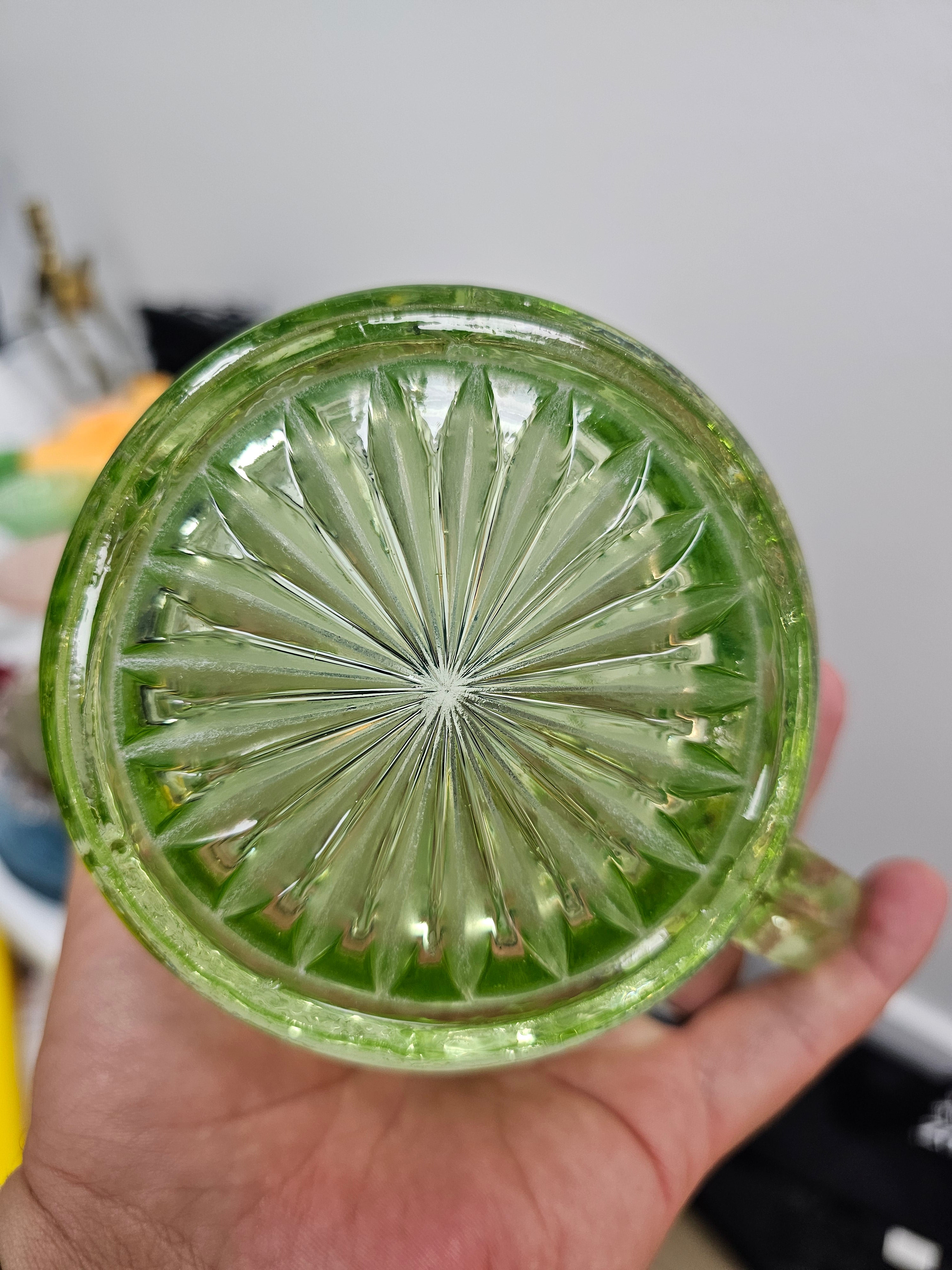 Vintage Green UV-Reactive Glass Pitcher Diamond Fan Pattern – 5.5 Inch