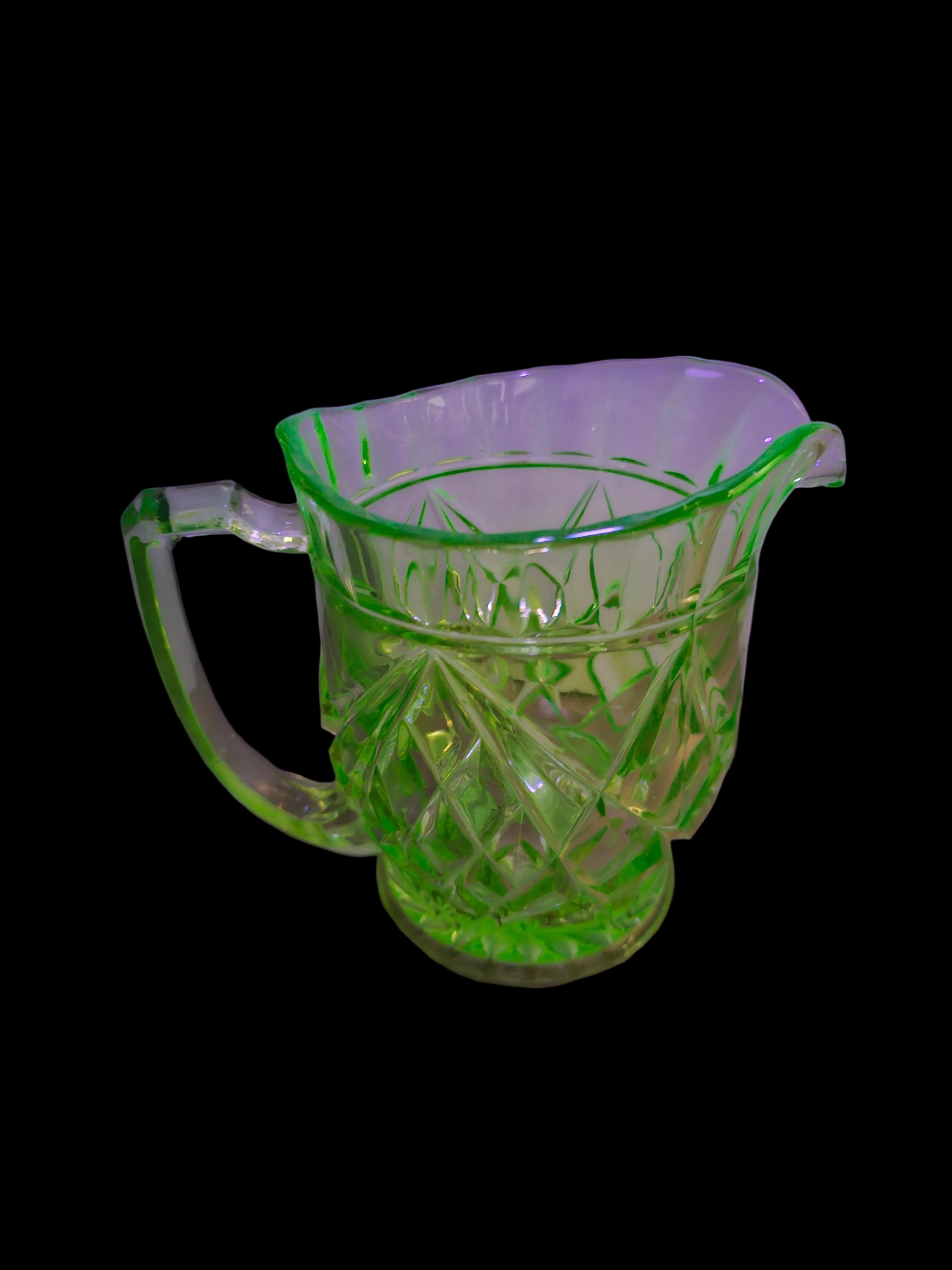 Vintage Green UV-Reactive Glass Pitcher Diamond Fan Pattern – 5.5 Inch