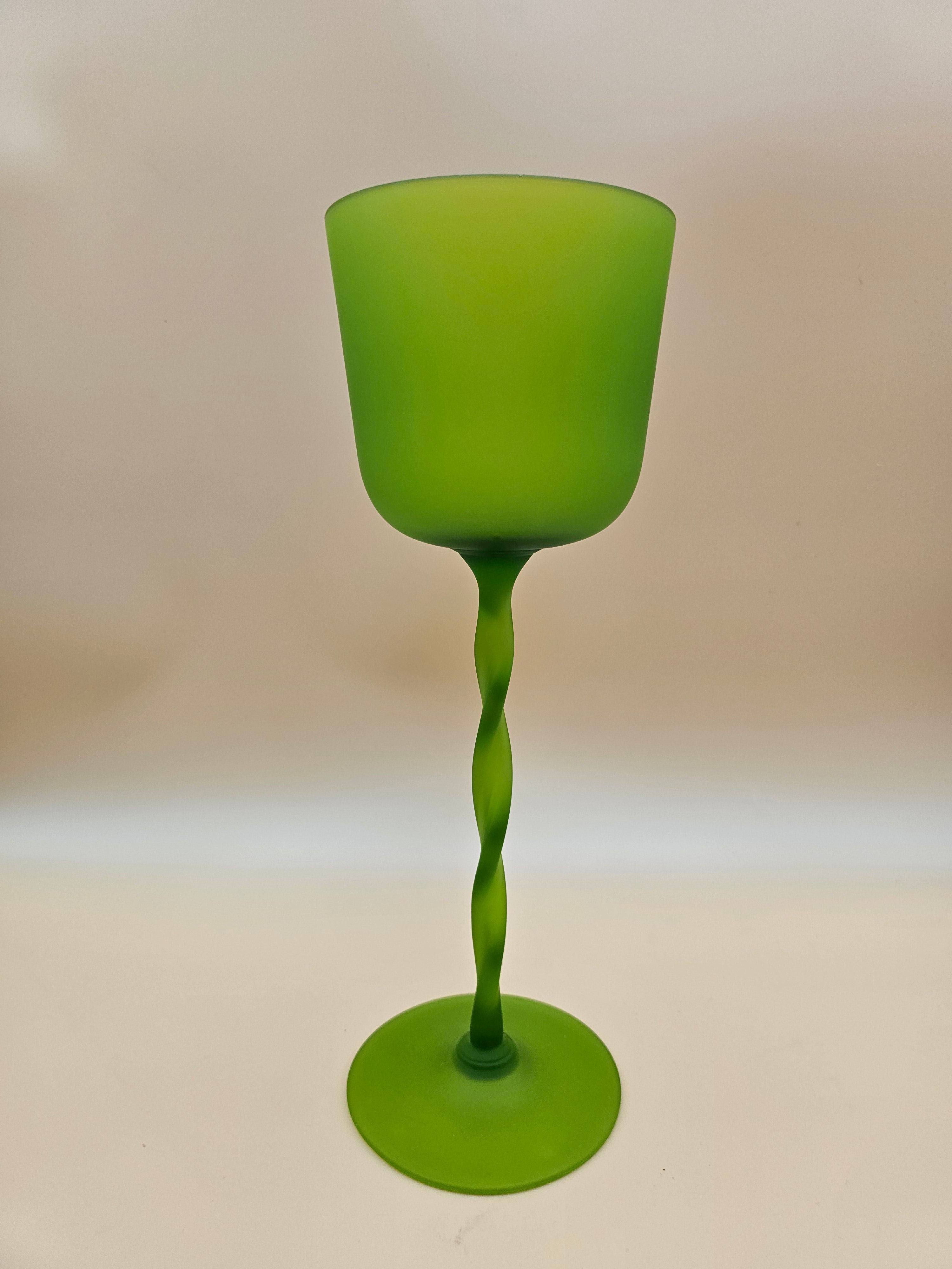 Vintage Chartreuse Green Satin Glass Oversized Goblet with Twisted Stem