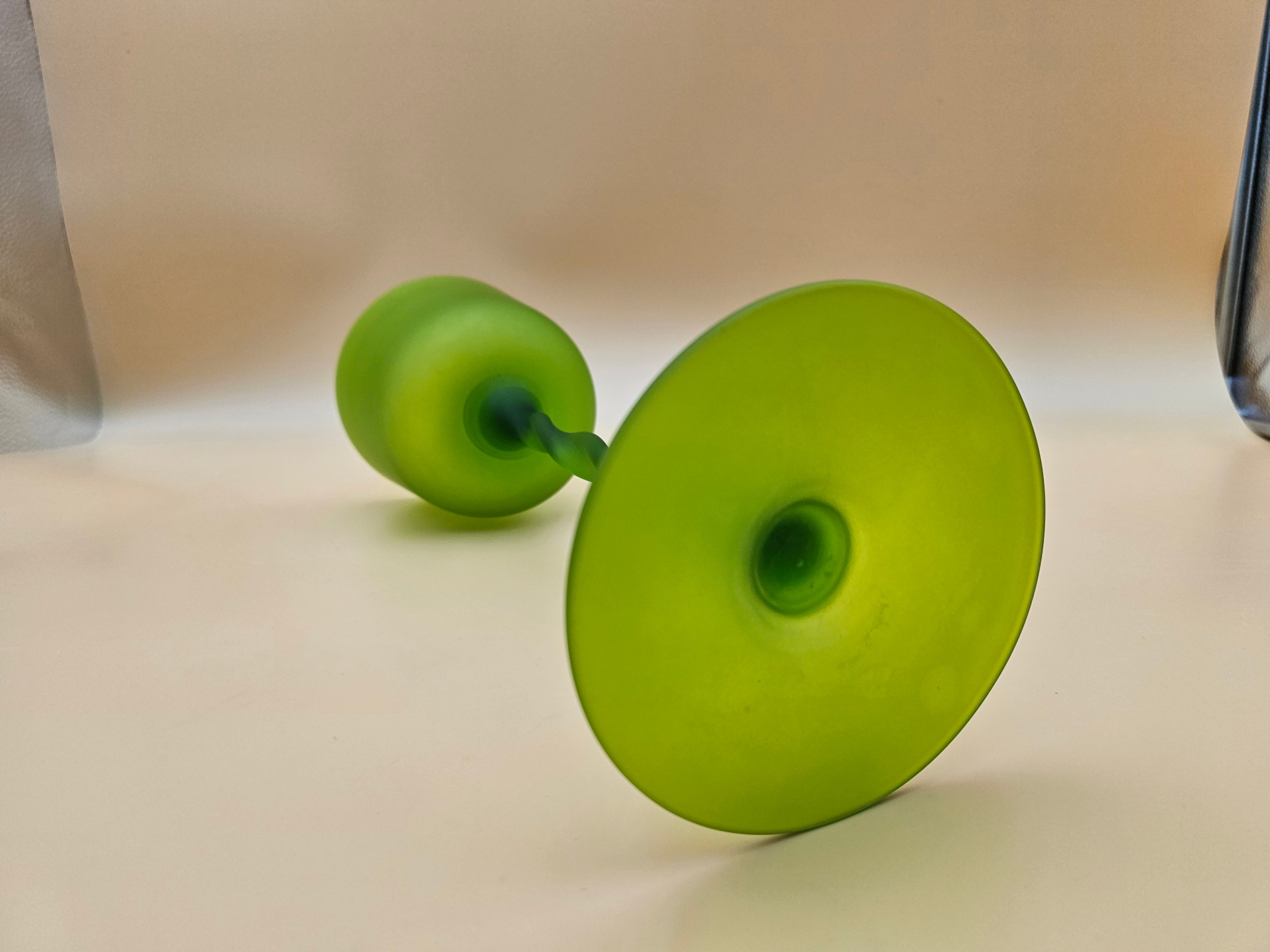 Vintage Chartreuse Green Satin Glass Oversized Goblet with Twisted Stem
