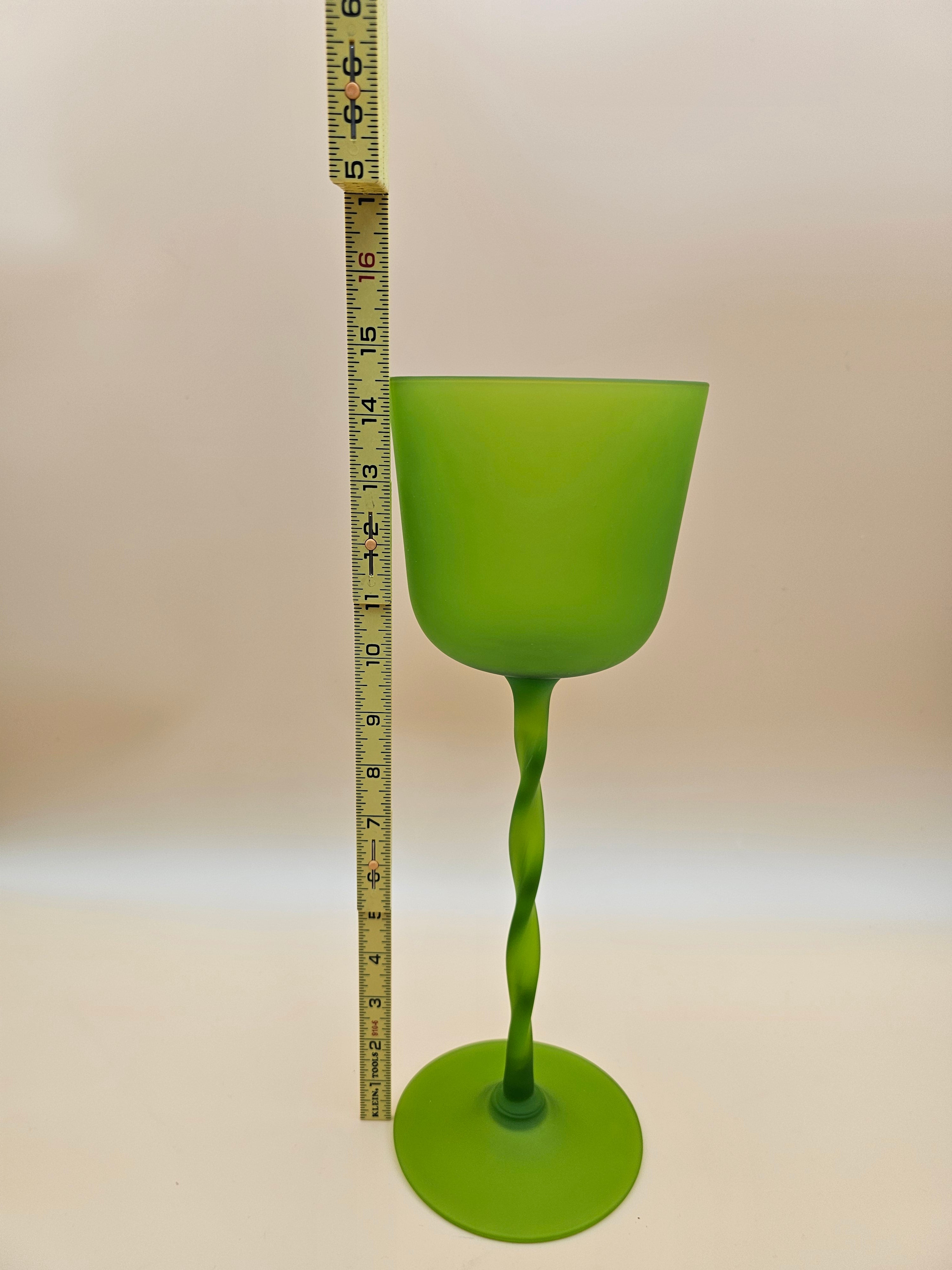 Vintage Chartreuse Green Satin Glass Oversized Goblet with Twisted Stem