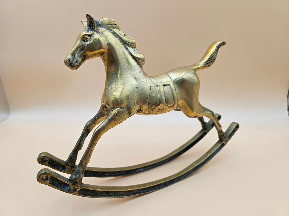 Vintage-Style Large Brass Rocking Horse Figurine – 15 Inch Equestrian Decor