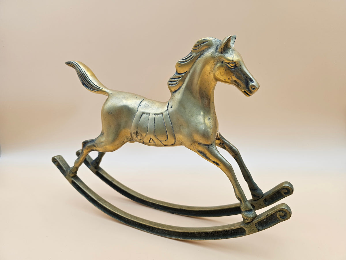 Vintage-Style Large Brass Rocking Horse Figurine – 15 Inch Equestrian Decor