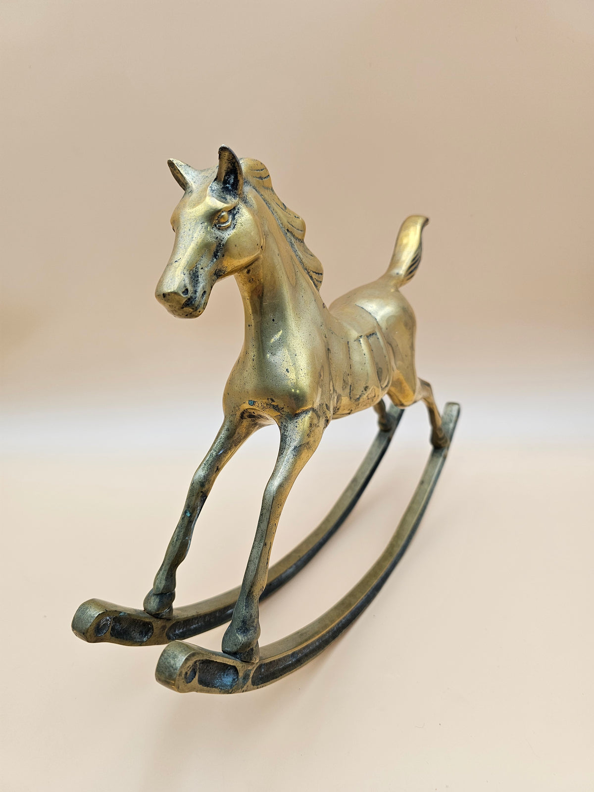 Vintage-Style Large Brass Rocking Horse Figurine – 15 Inch Equestrian Decor