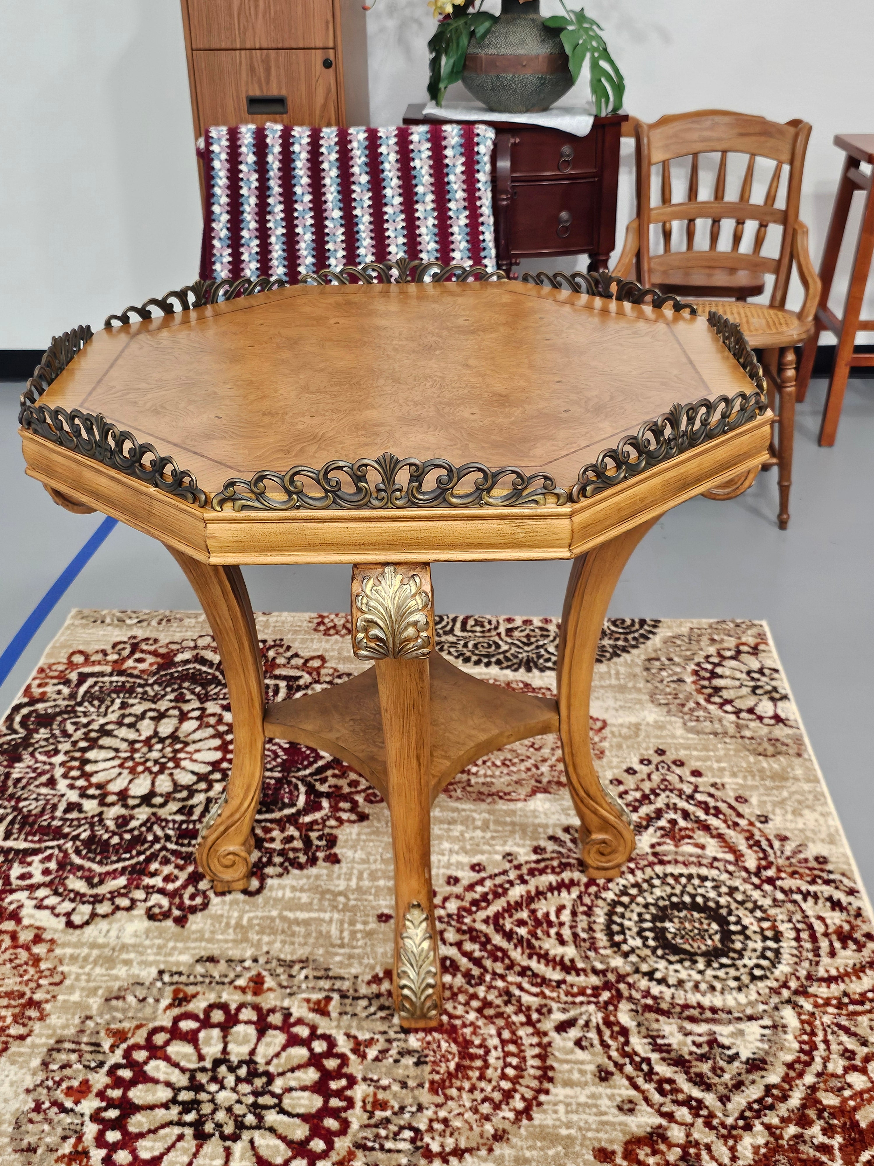 Vintage Palais 31" Burl Wood Hexagonal Accent Table with Ornate Metal Gallery