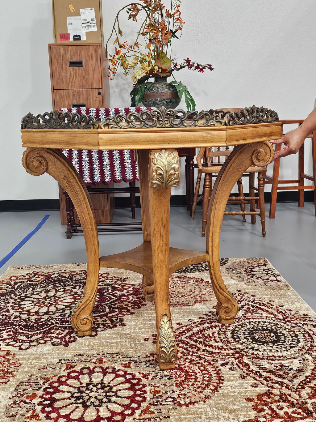 Vintage Palais 31" Burl Wood Hexagonal Accent Table with Ornate Metal Gallery