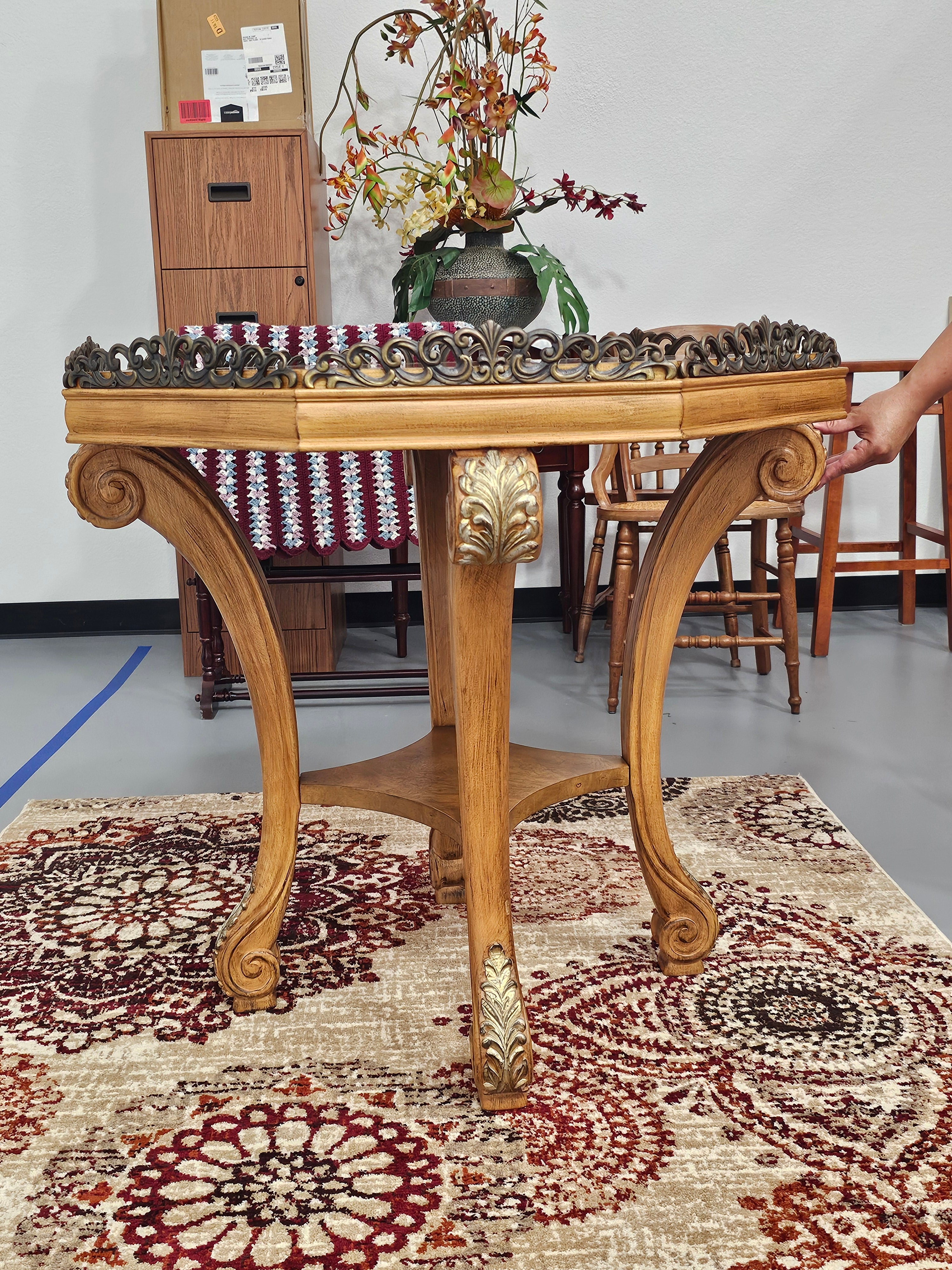 Vintage Palais 31" Burl Wood Hexagonal Accent Table with Ornate Metal Gallery