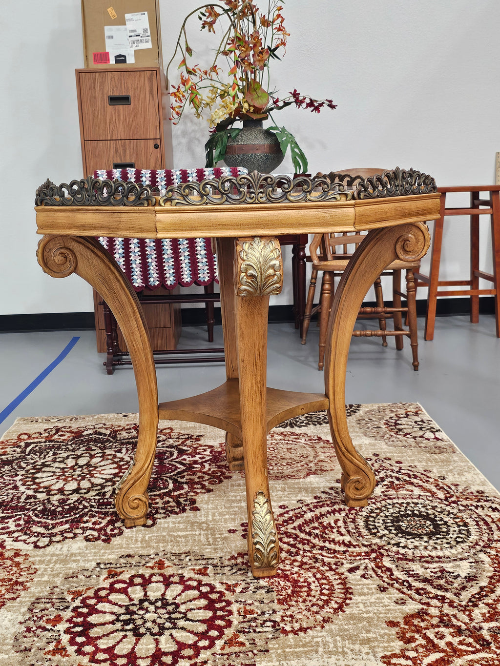 Vintage Palais 31" Burl Wood Hexagonal Accent Table with Ornate Metal Gallery