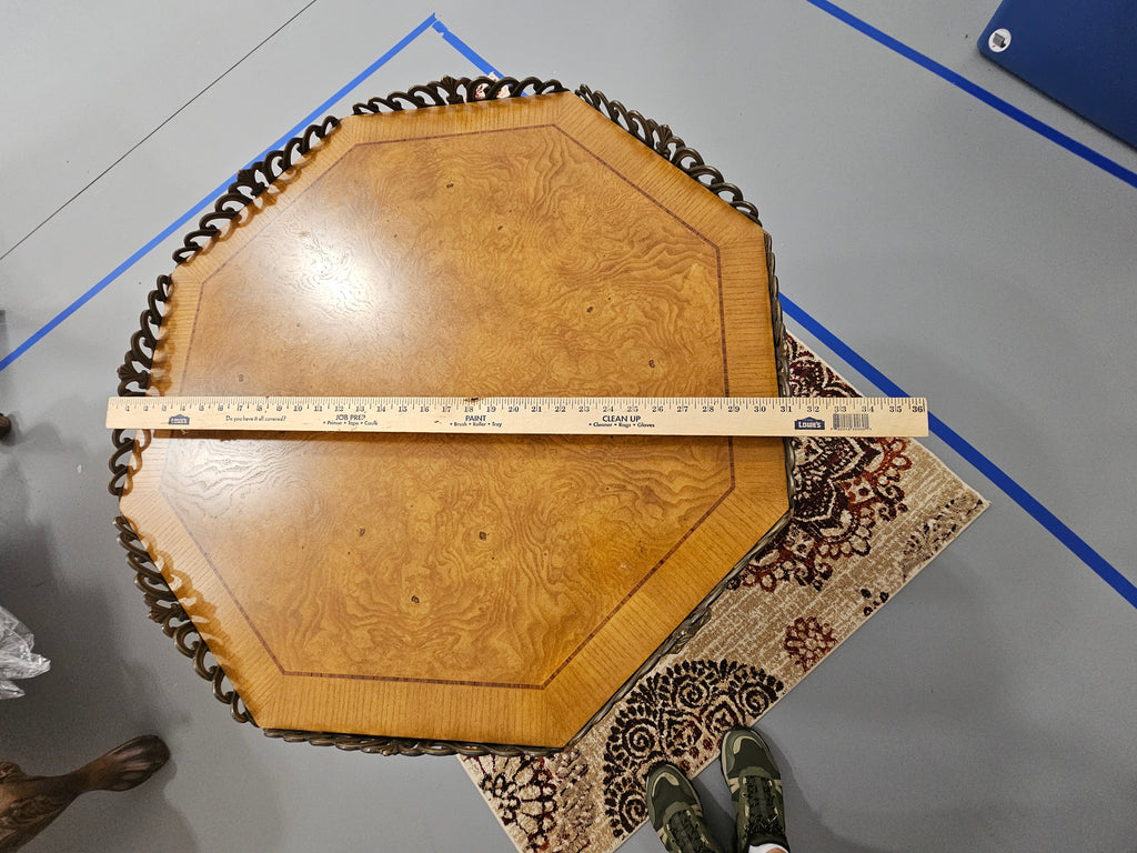 Vintage Palais 31" Burl Wood Hexagonal Accent Table with Ornate Metal Gallery