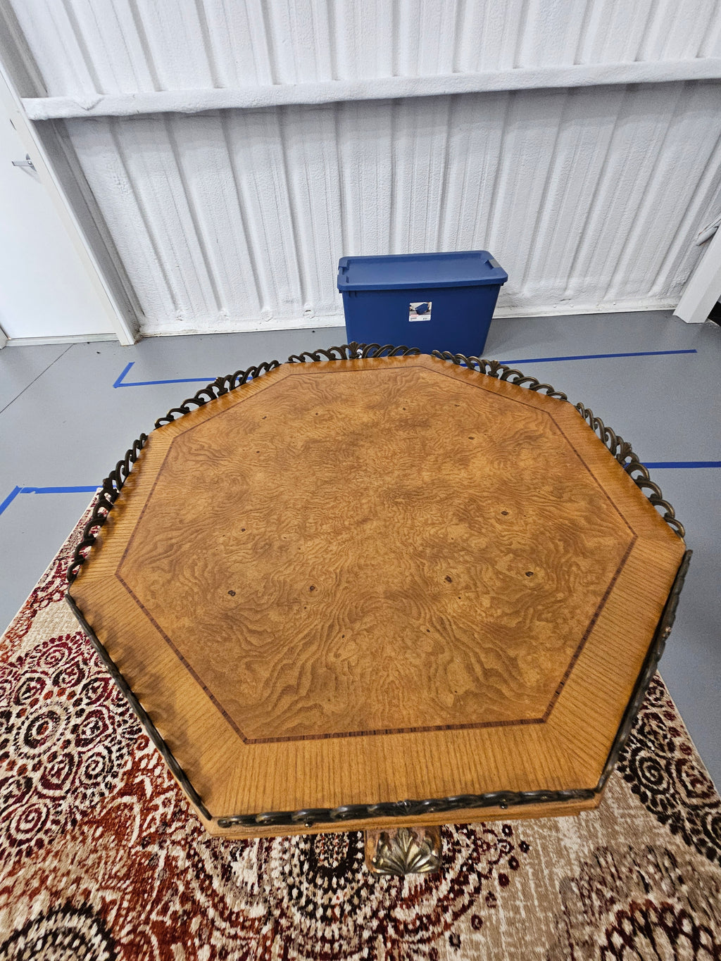 Vintage Palais 31" Burl Wood Hexagonal Accent Table with Ornate Metal Gallery