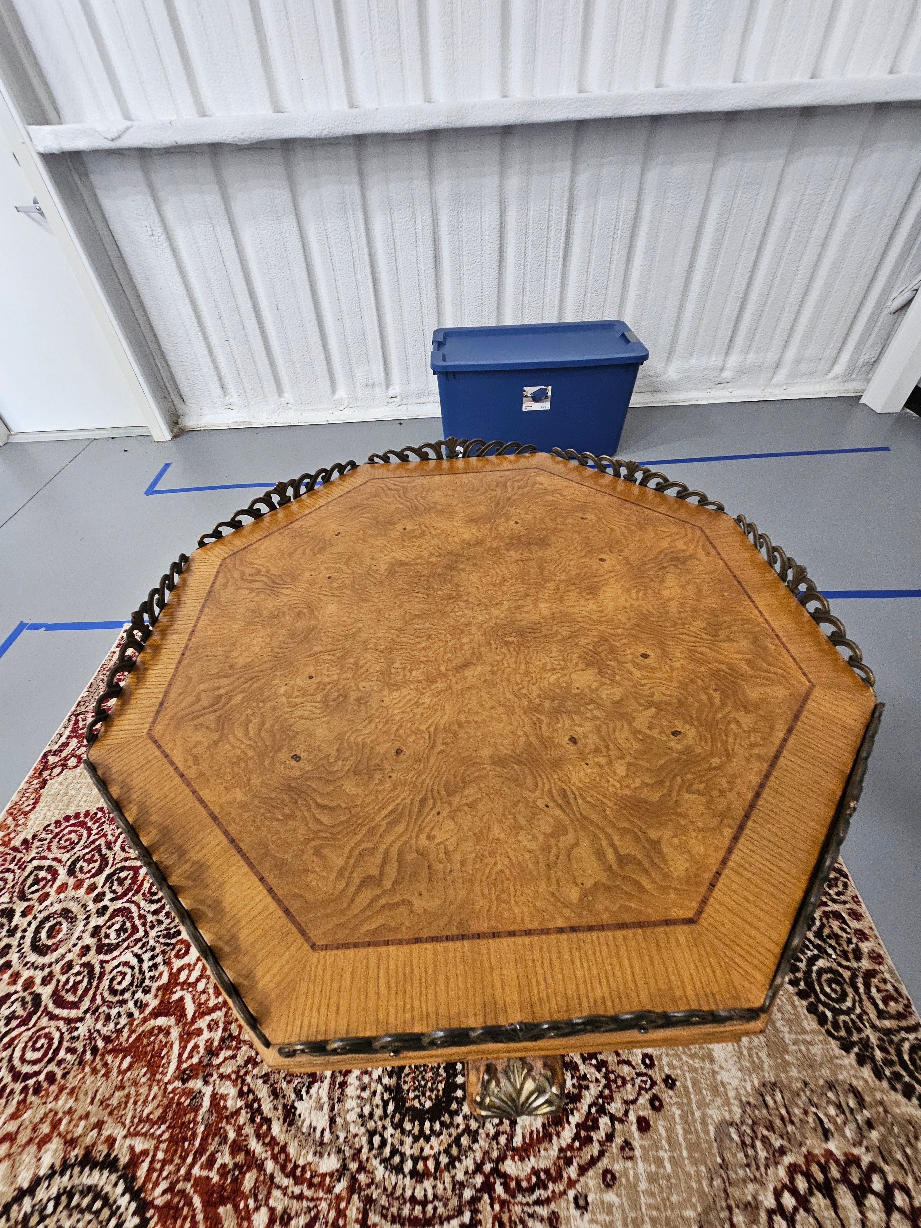 Vintage Palais 31" Burl Wood Hexagonal Accent Table with Ornate Metal Gallery