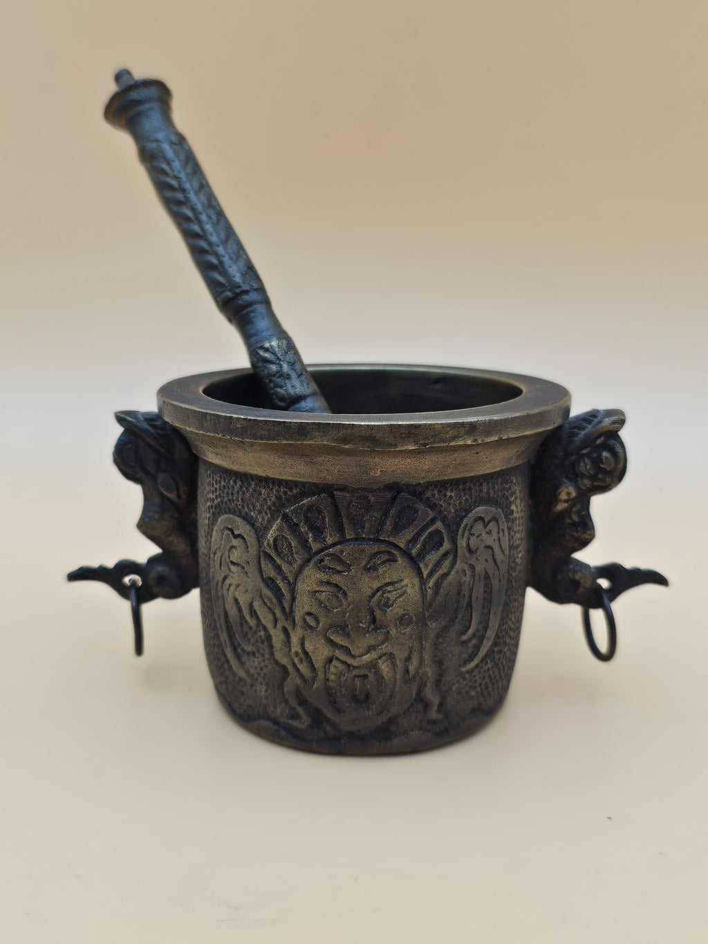 Ornate Indian-Style Brass Mortar and Pestle with Ganesha Motif