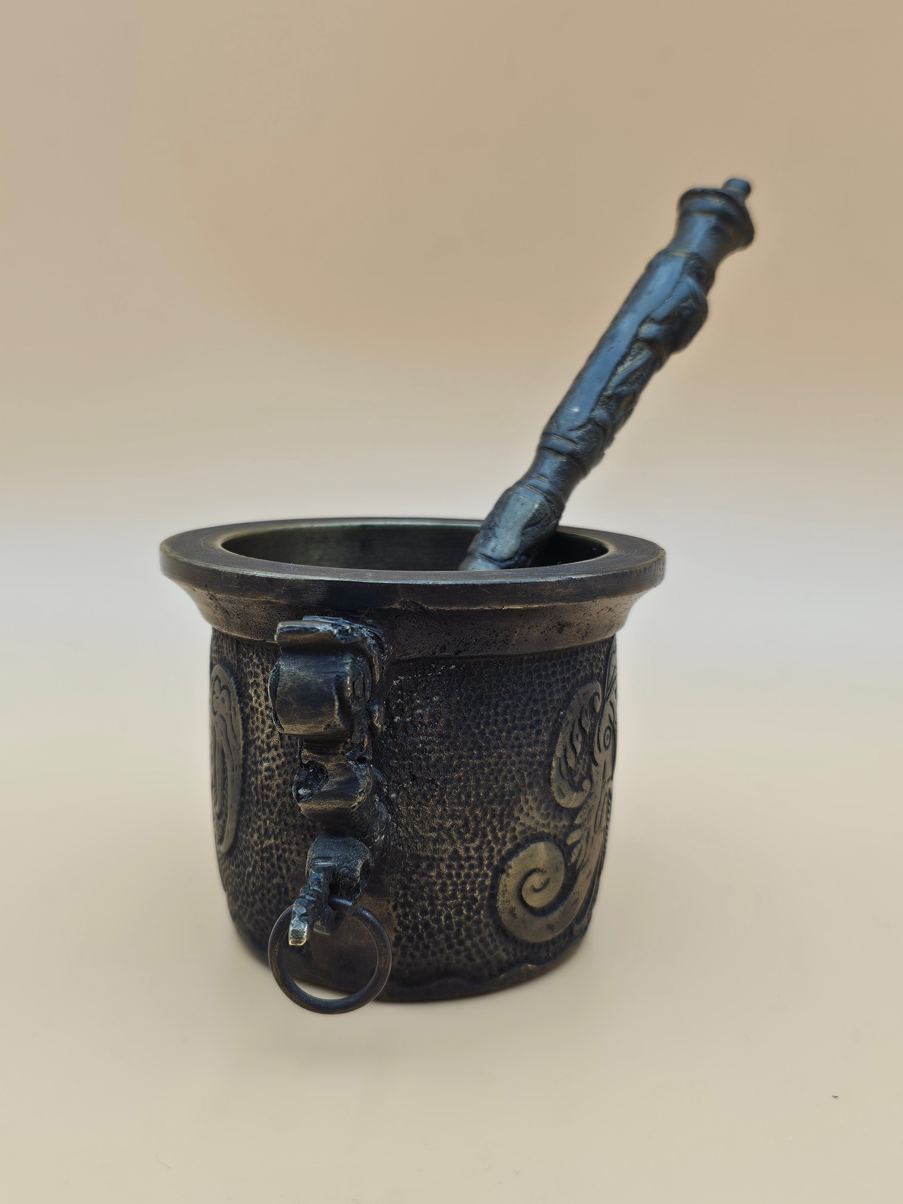 Ornate Indian-Style Brass Mortar and Pestle with Ganesha Motif