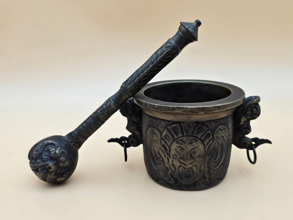 Ornate Indian-Style Brass Mortar and Pestle with Ganesha Motif