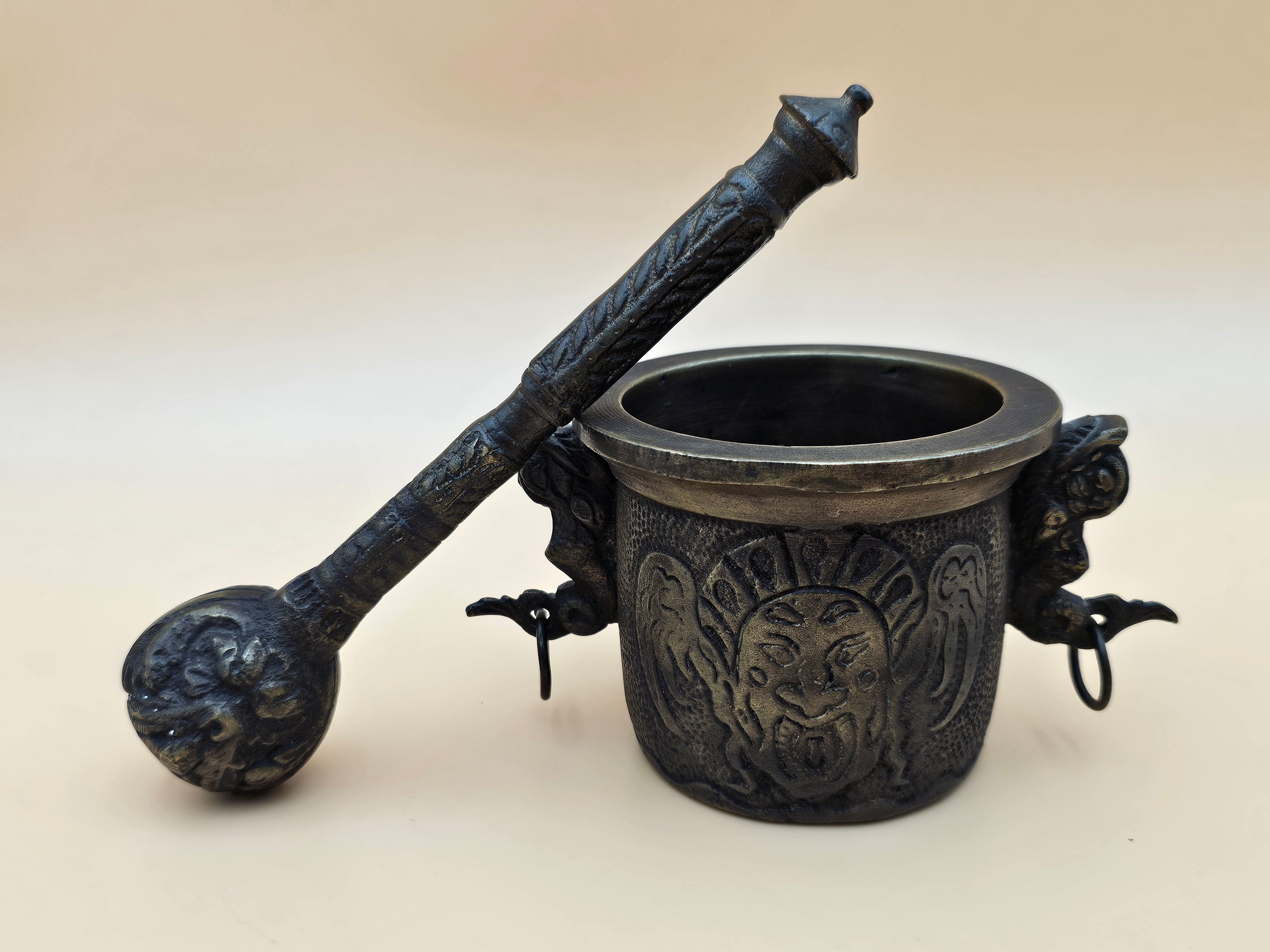Ornate Indian-Style Brass Mortar and Pestle with Ganesha Motif