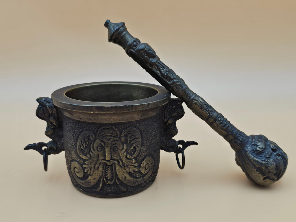 Ornate Indian-Style Brass Mortar and Pestle with Ganesha Motif
