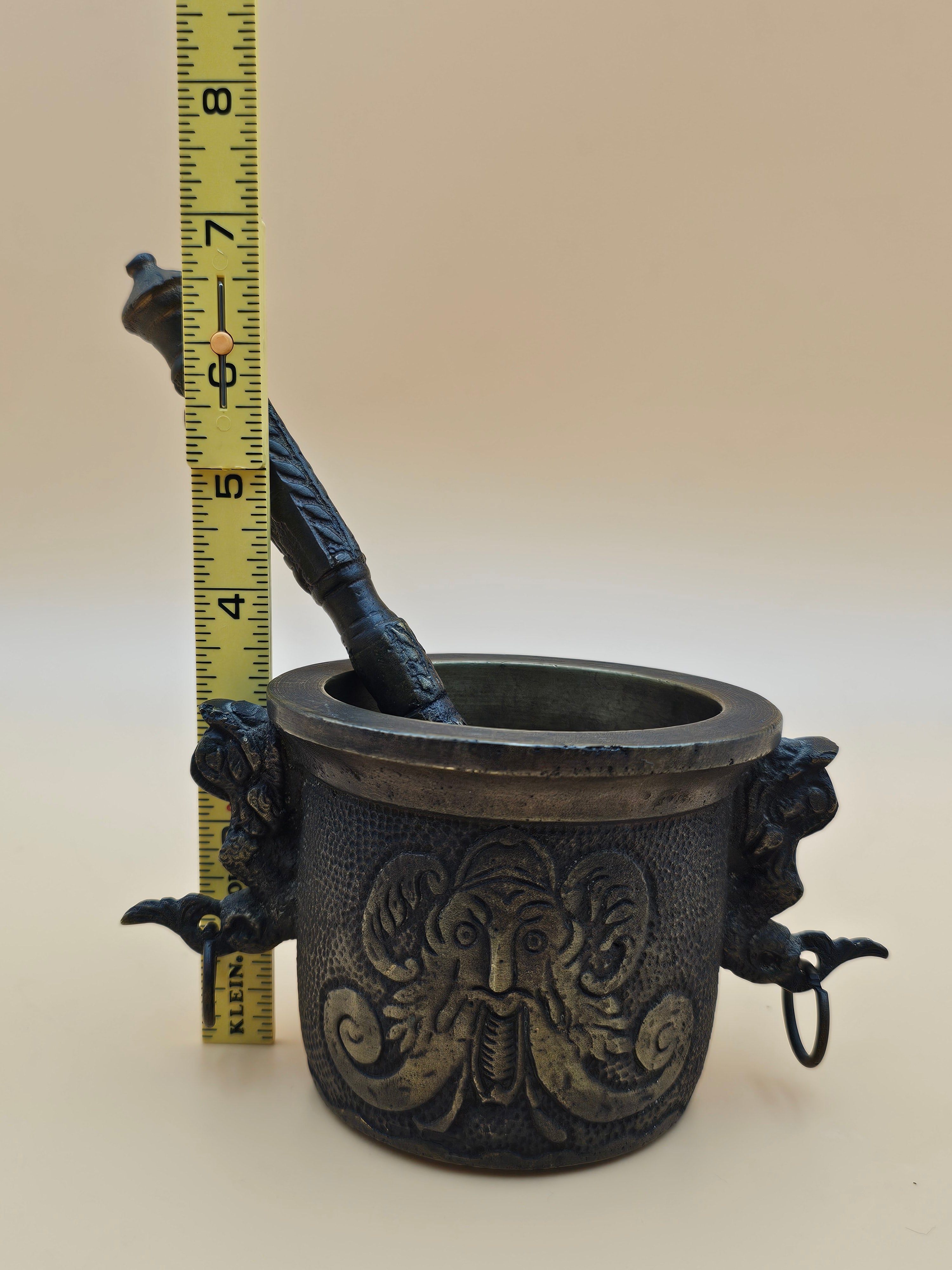 Ornate Indian-Style Brass Mortar and Pestle with Ganesha Motif