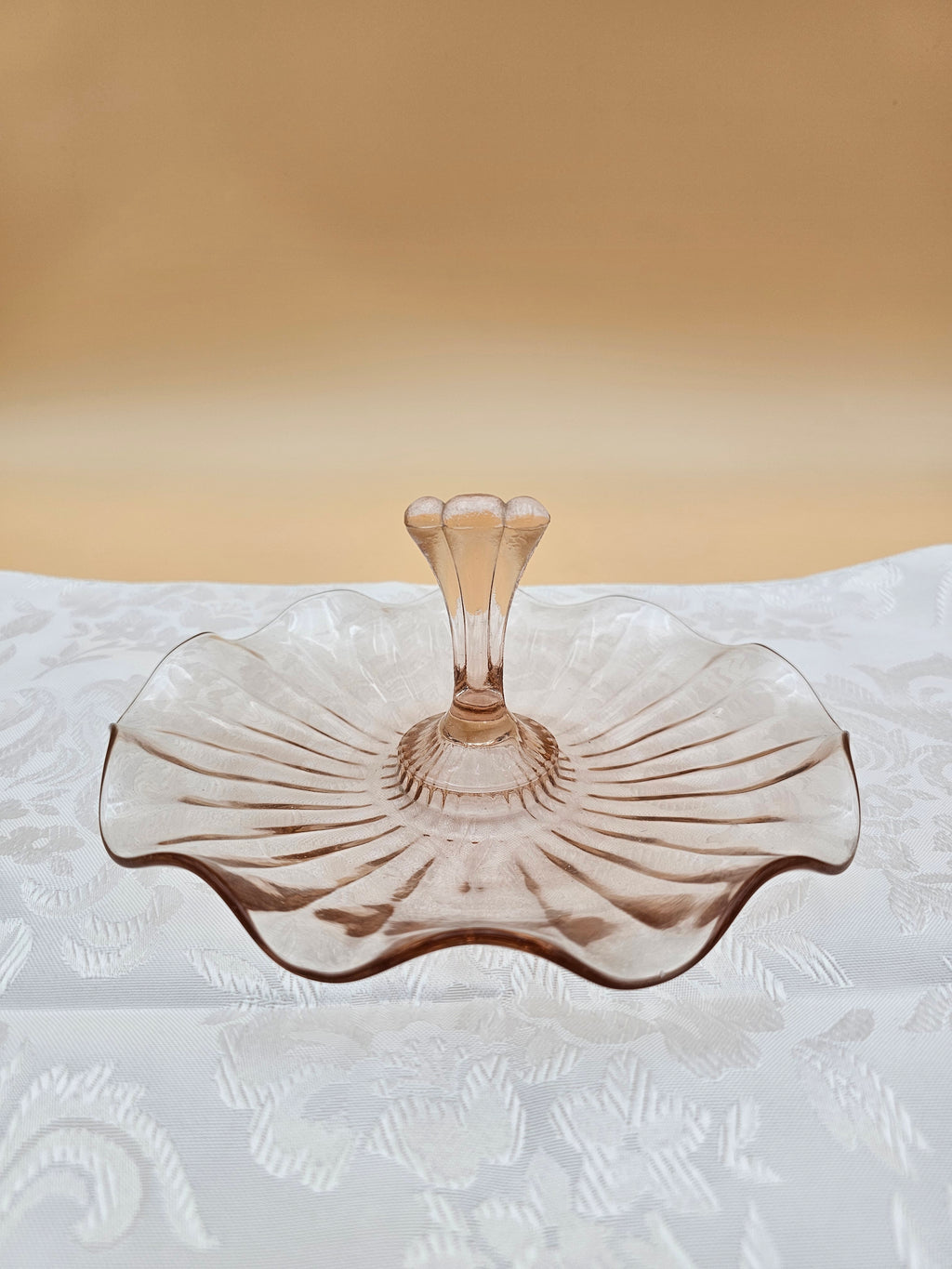 Vintage Pink Glass Center Handle Tidbit Tray with Scalloped Rim
