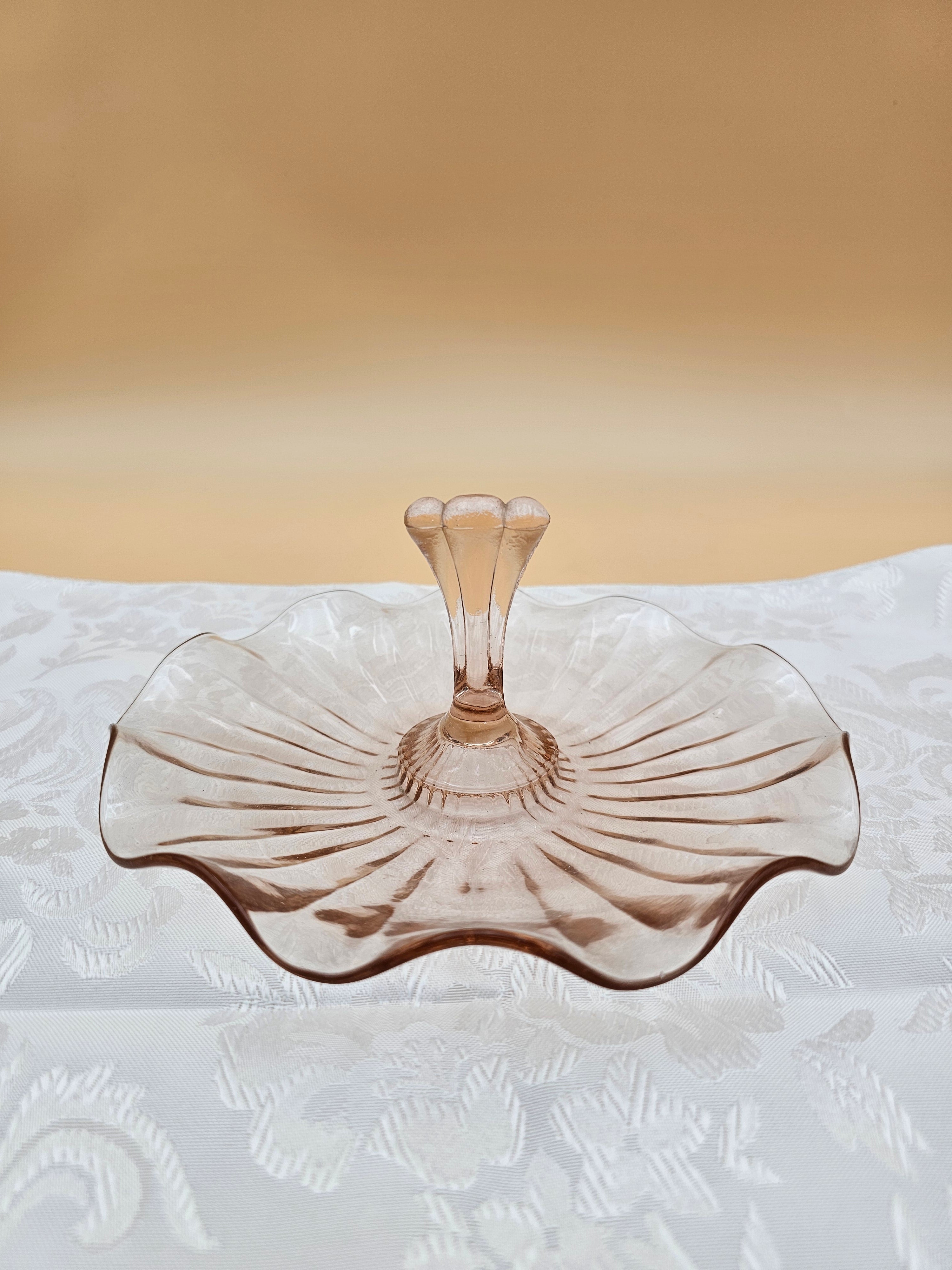 Vintage Pink Glass Center Handle Tidbit Tray with Scalloped Rim
