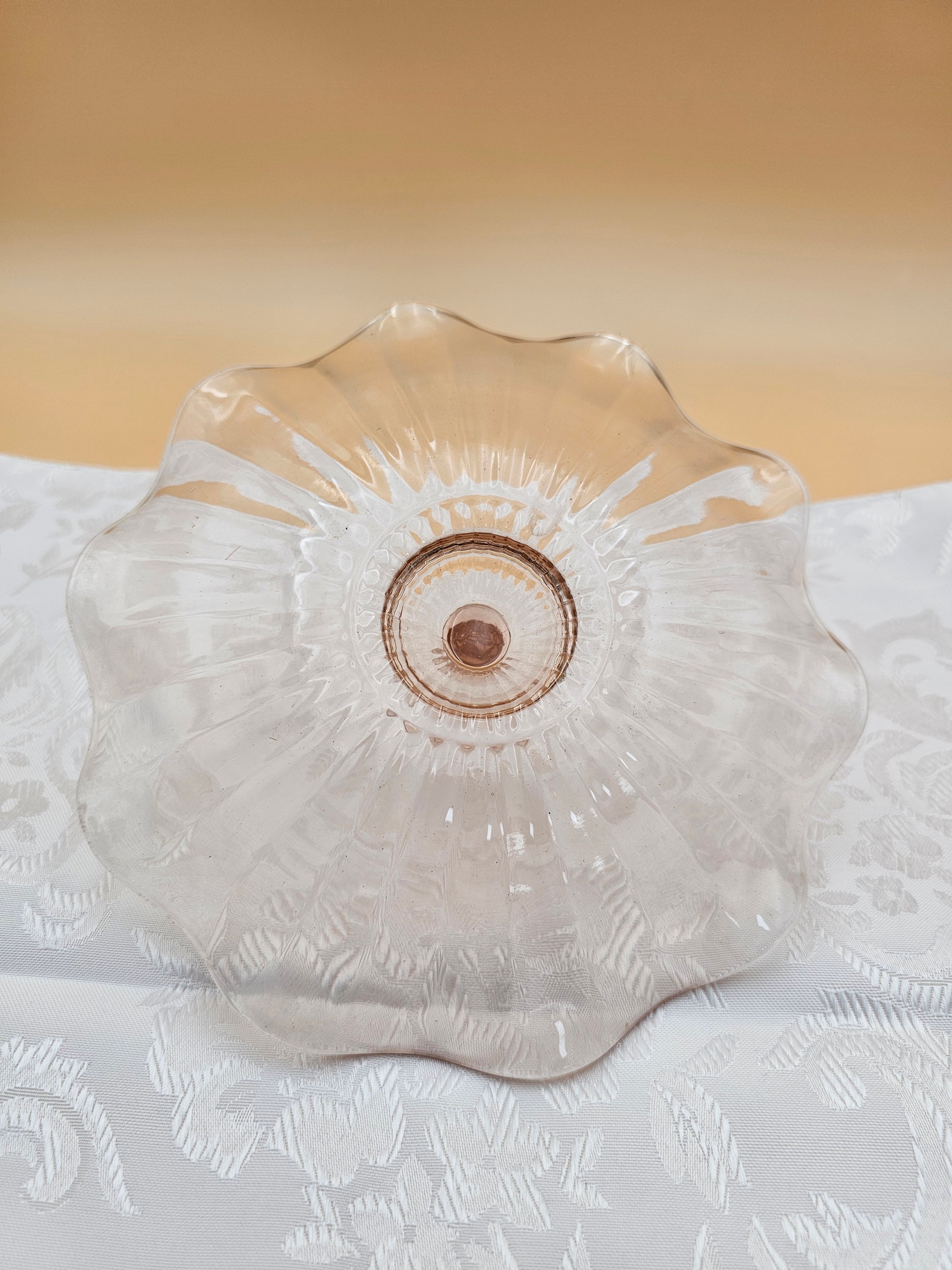 Vintage Pink Glass Center Handle Tidbit Tray with Scalloped Rim