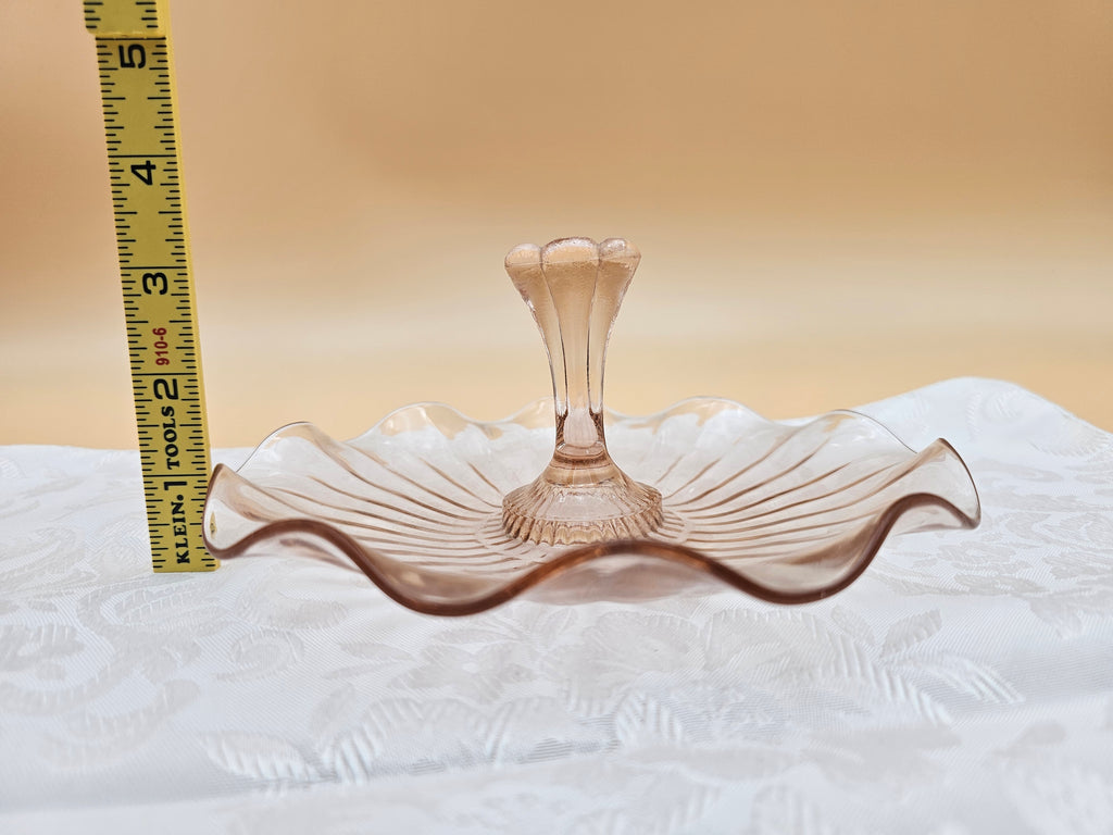 Vintage Pink Glass Center Handle Tidbit Tray with Scalloped Rim