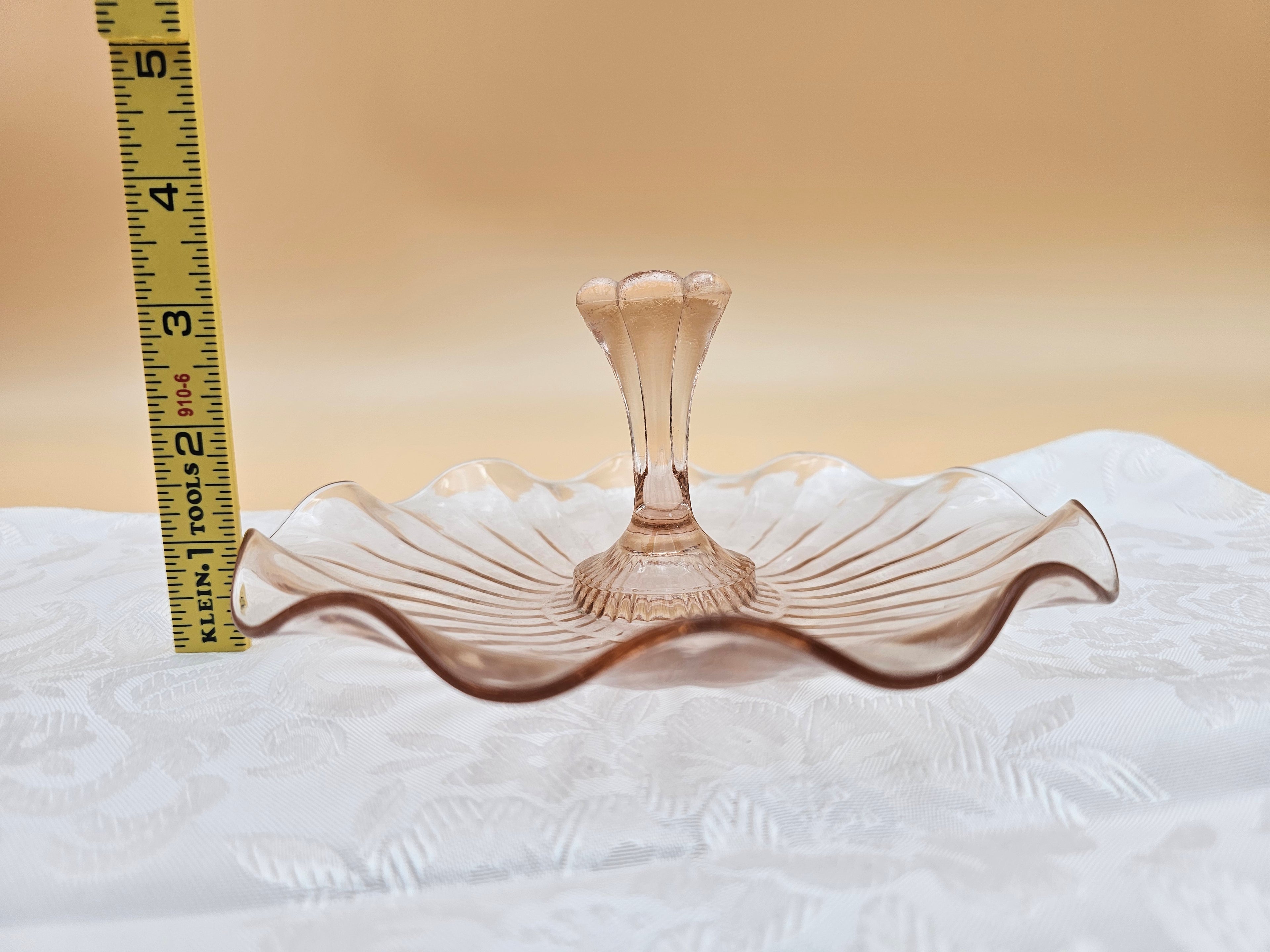 Vintage Pink Glass Center Handle Tidbit Tray with Scalloped Rim