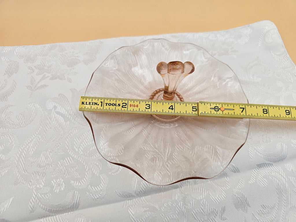 Vintage Pink Glass Center Handle Tidbit Tray with Scalloped Rim
