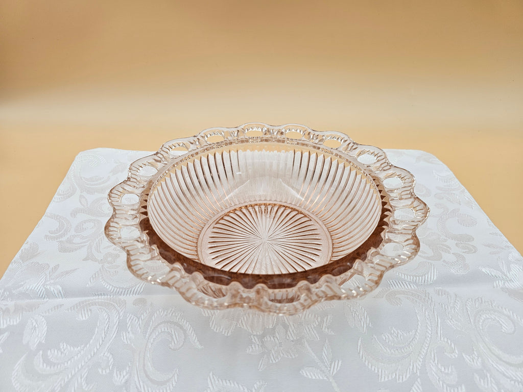 Vintage Pink Pressed Glass Serving Bowl with Pierced Scalloped Rim