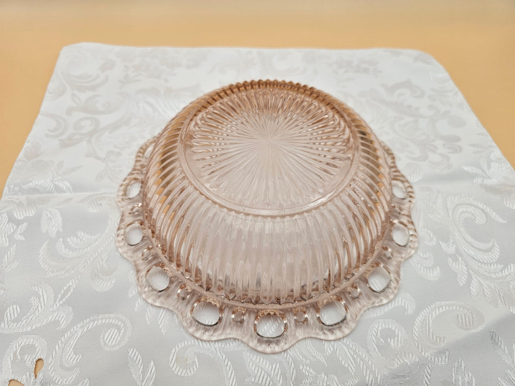 Vintage Pink Pressed Glass Serving Bowl with Pierced Scalloped Rim