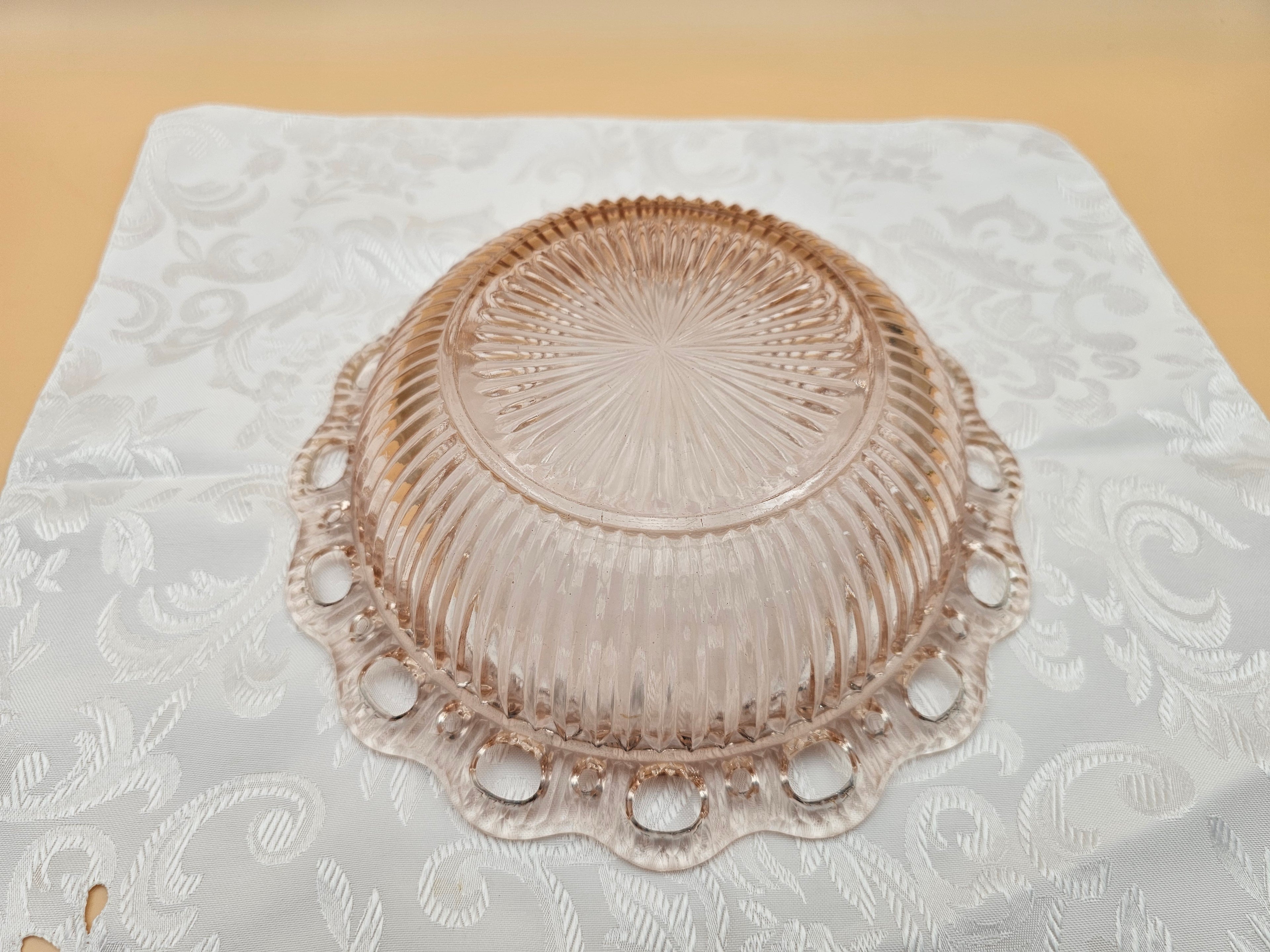 Vintage Pink Pressed Glass Serving Bowl with Pierced Scalloped Rim