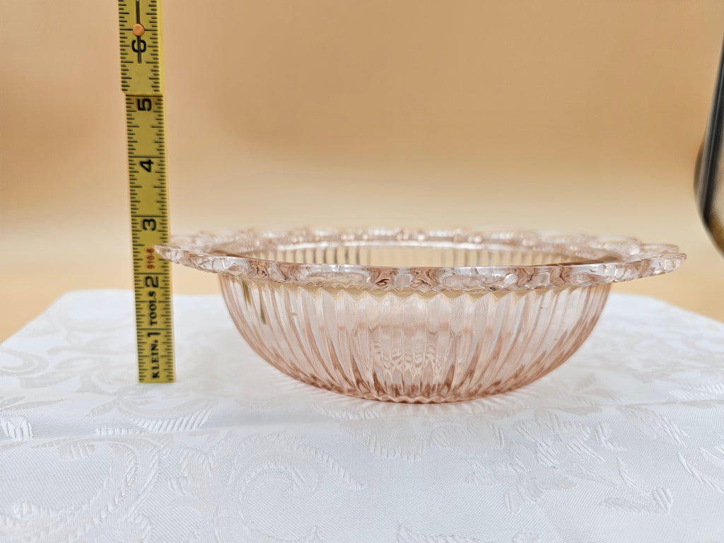 Vintage Pink Pressed Glass Serving Bowl with Pierced Scalloped Rim