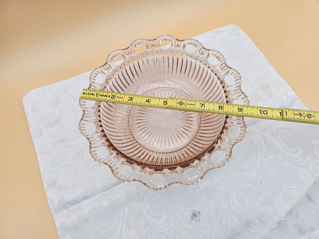 Vintage Pink Pressed Glass Serving Bowl with Pierced Scalloped Rim