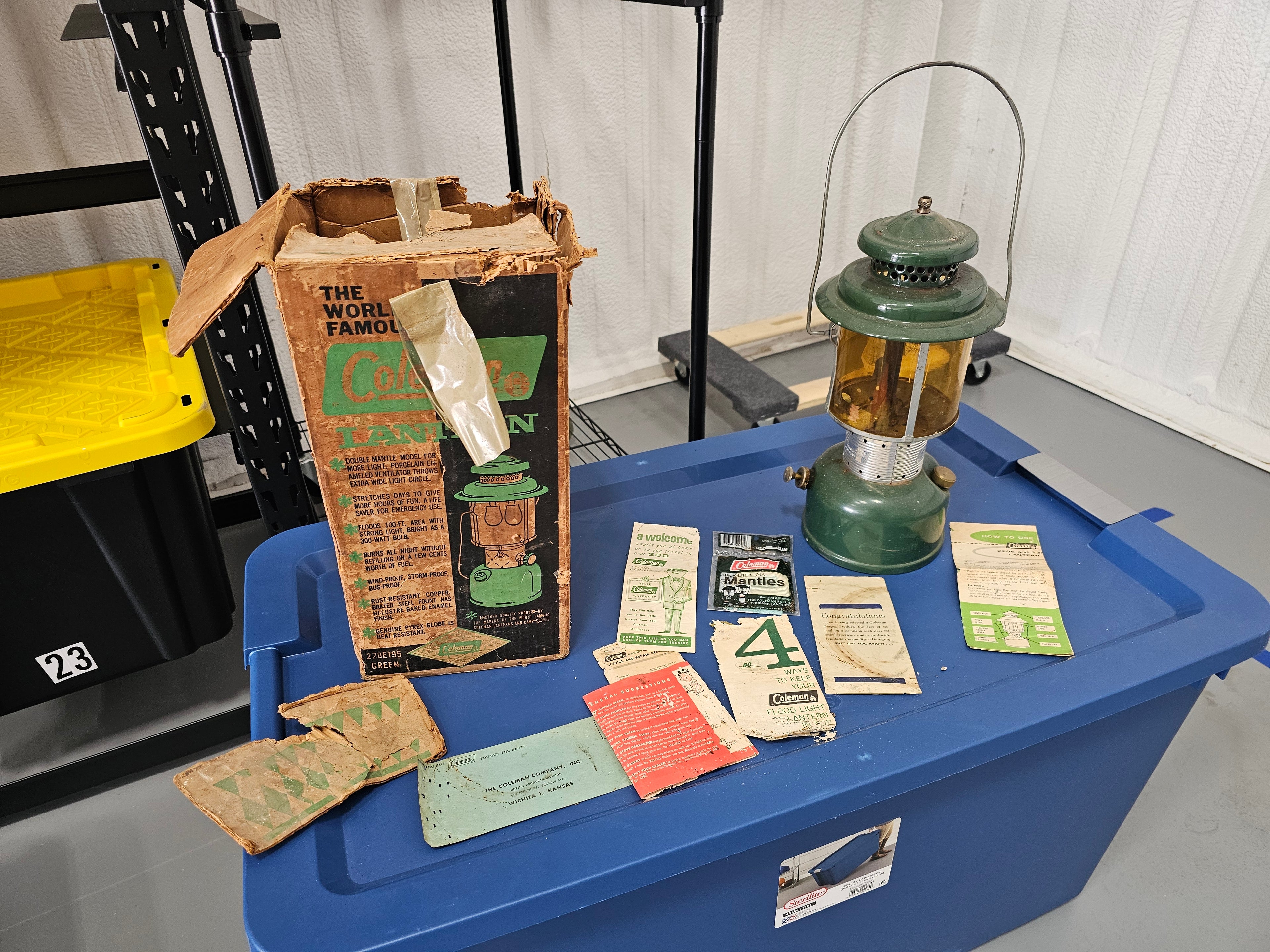 Vintage 1963 Coleman 220E Double-Mantle Green Lantern with Box & Paperwork