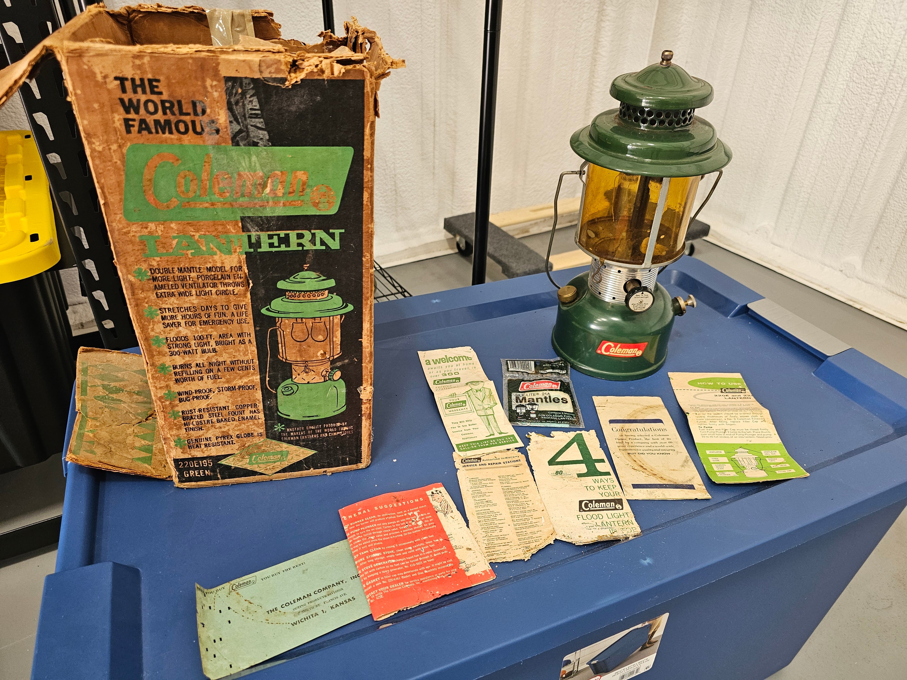 Vintage 1963 Coleman 220E Double-Mantle Green Lantern with Box & Paperwork