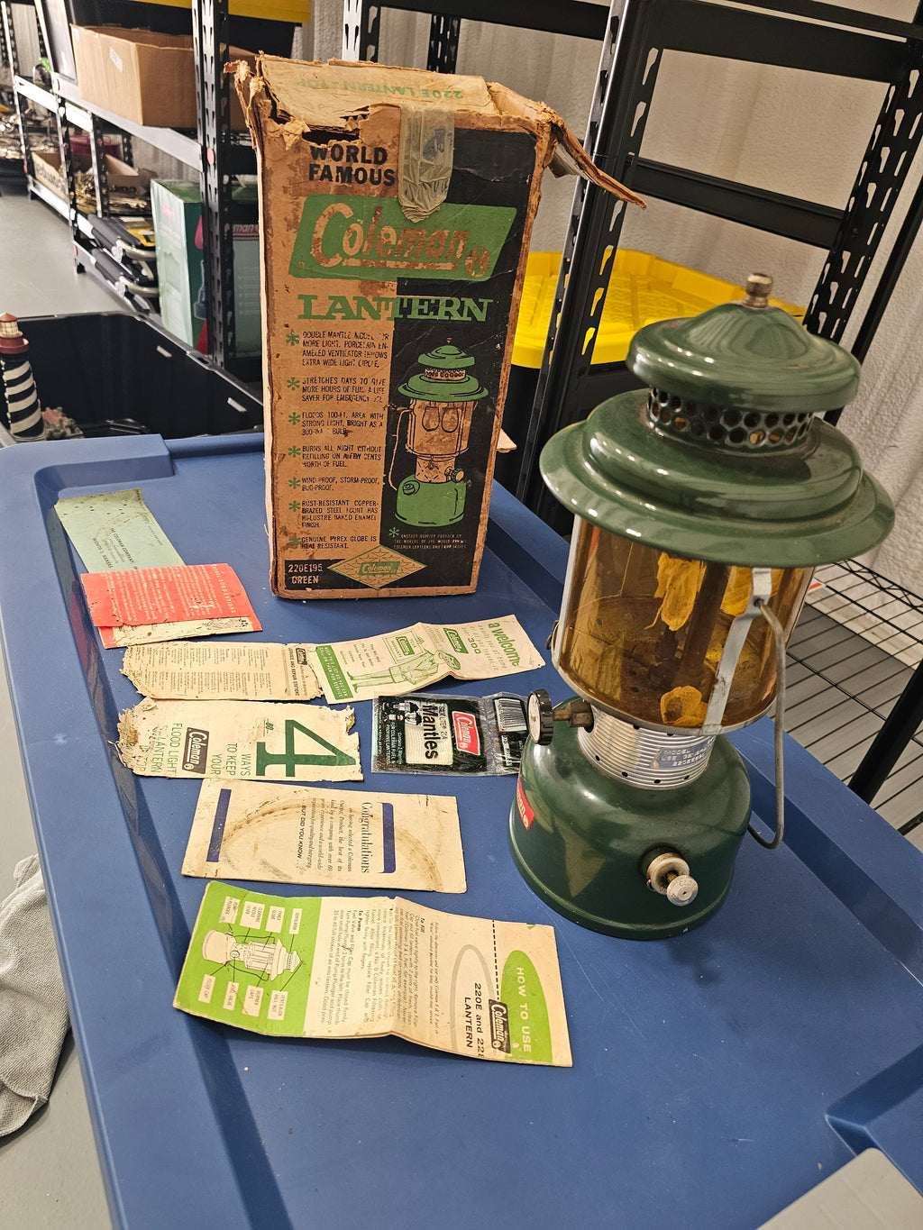 Vintage 1963 Coleman 220E Double-Mantle Green Lantern with Box & Paperwork
