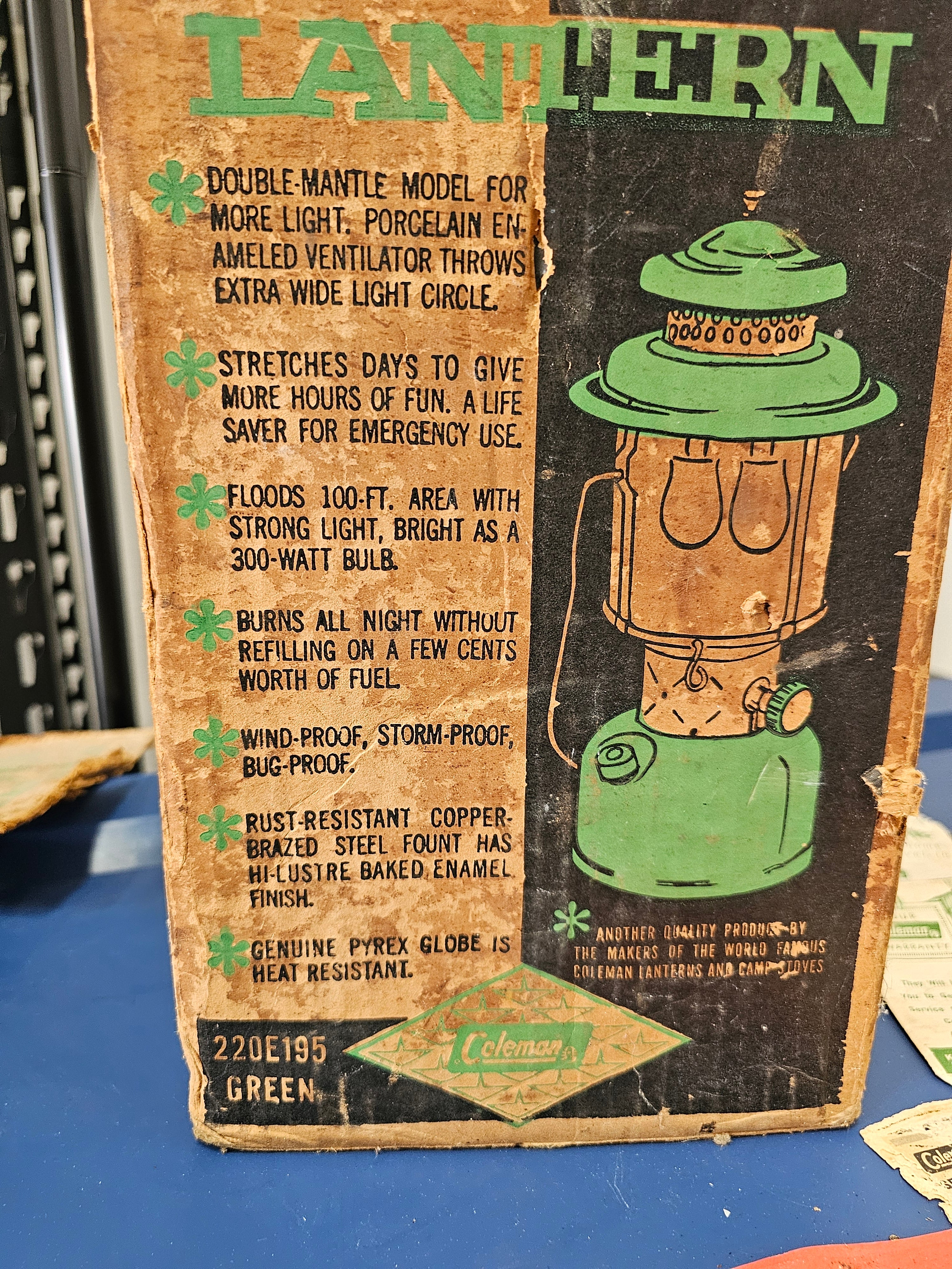 Vintage 1963 Coleman 220E Double-Mantle Green Lantern with Box & Paperwork